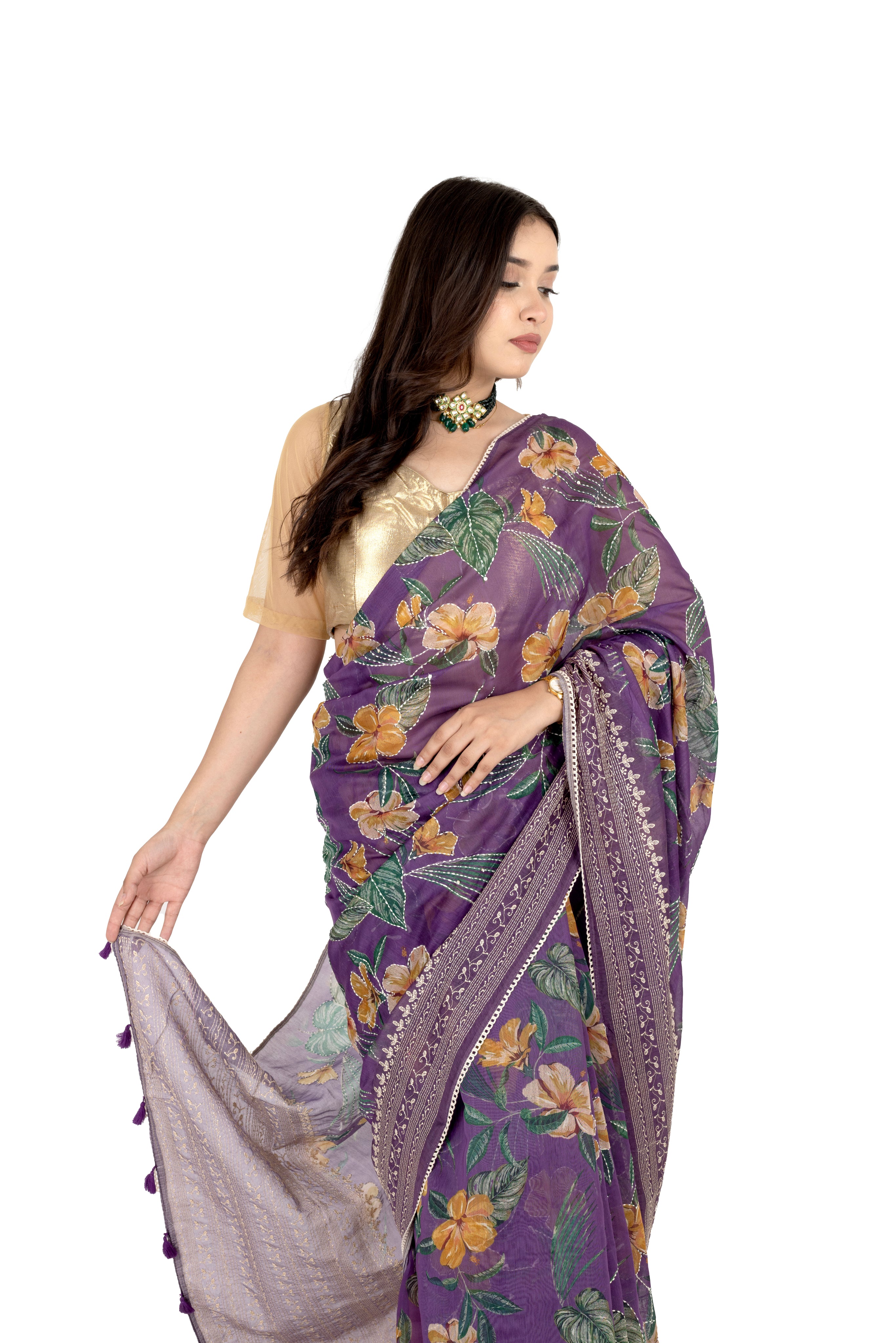 Purple Soft Cotton Saree with Floral Katha Work