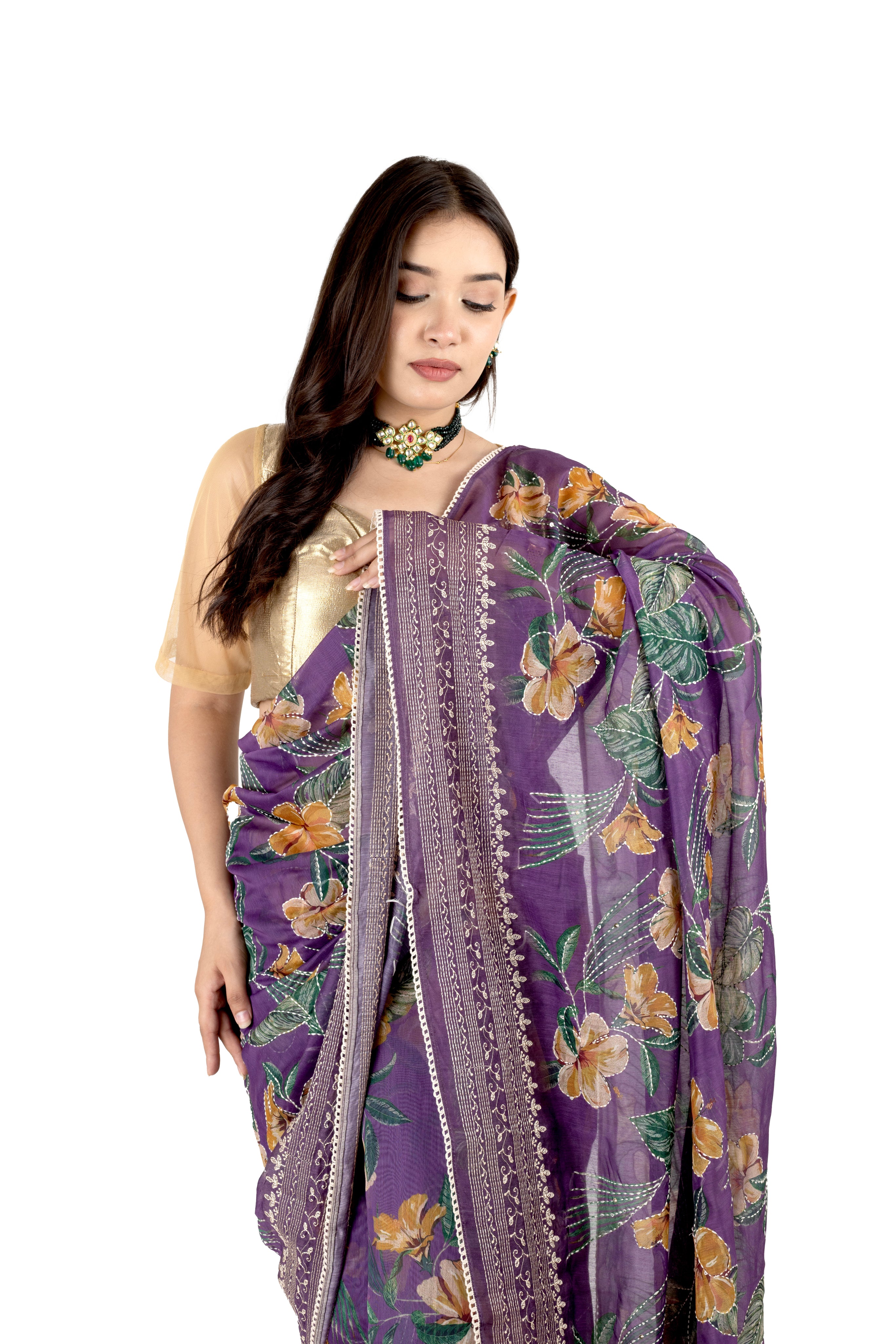 Purple Soft Cotton Saree with Floral Katha Work