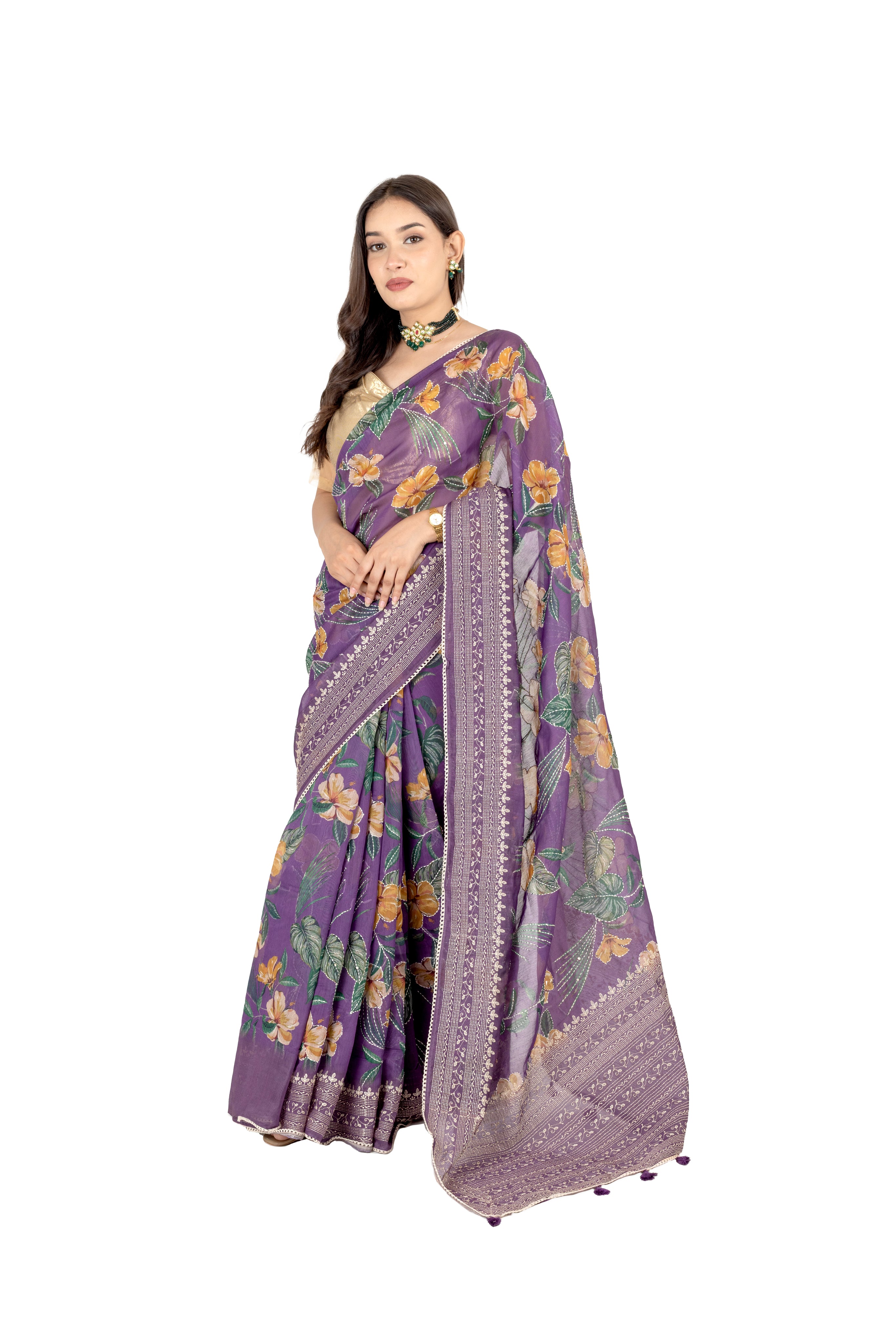 Purple Soft Cotton Saree with Floral Katha Work