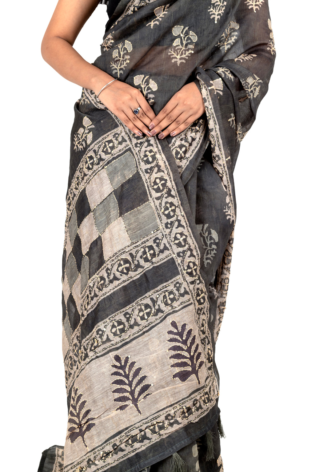 Bottle Green Cotton Saree with Floral Katha Work