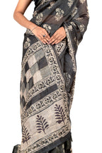 Bottle Green Cotton Saree with Floral Katha Work