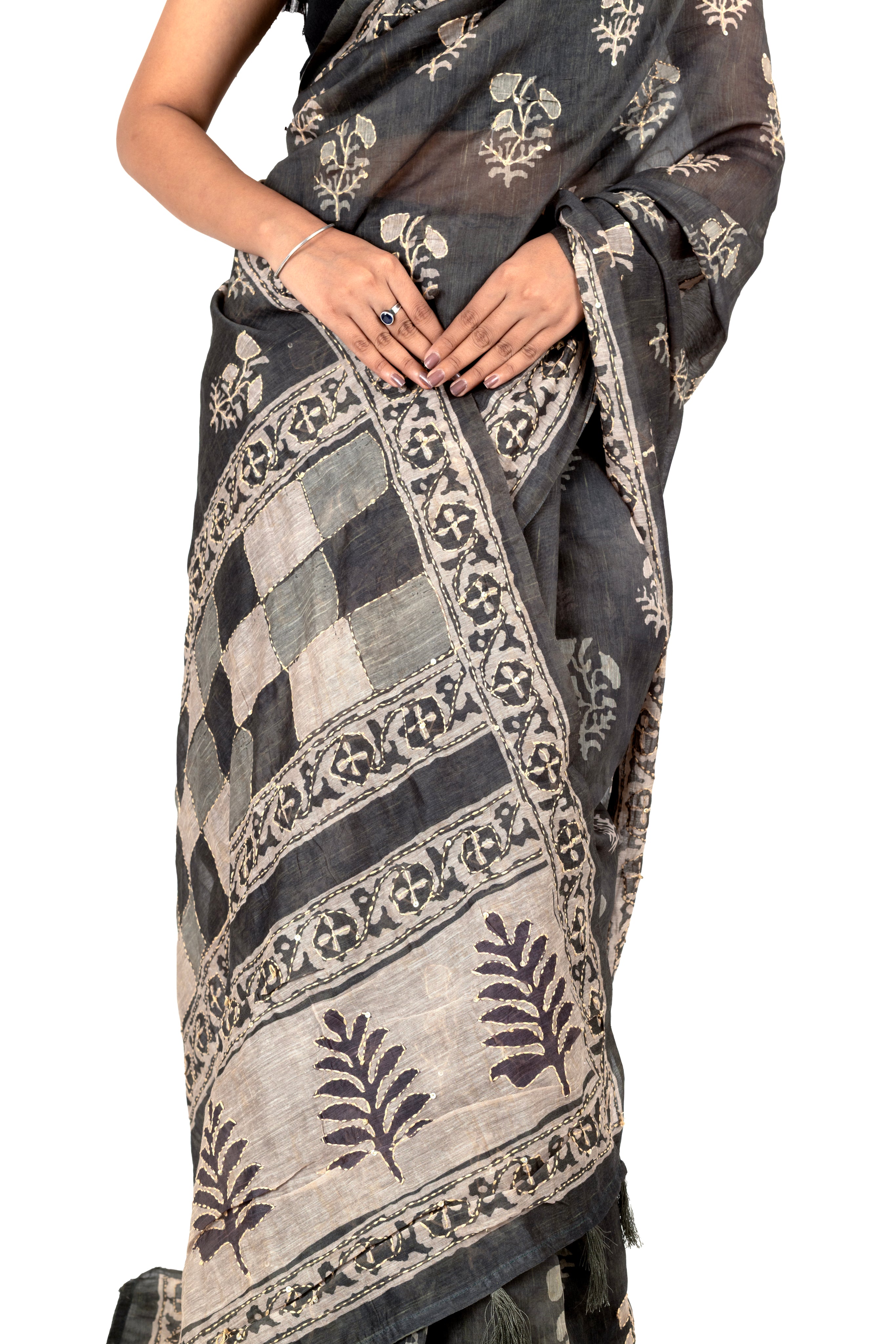 Bottle Green Cotton Saree with Floral Katha Work