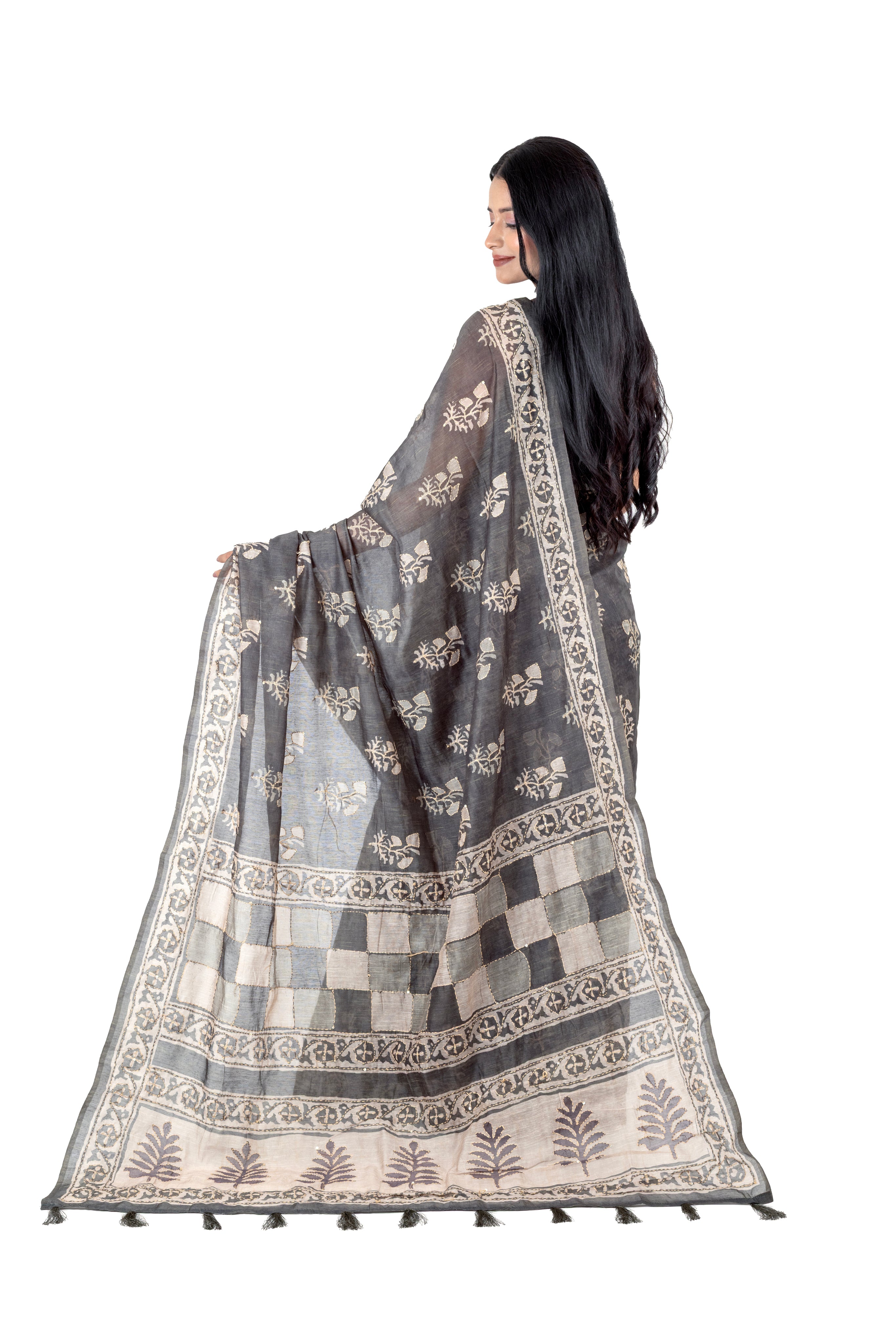 Bottle Green Cotton Saree with Floral Katha Work