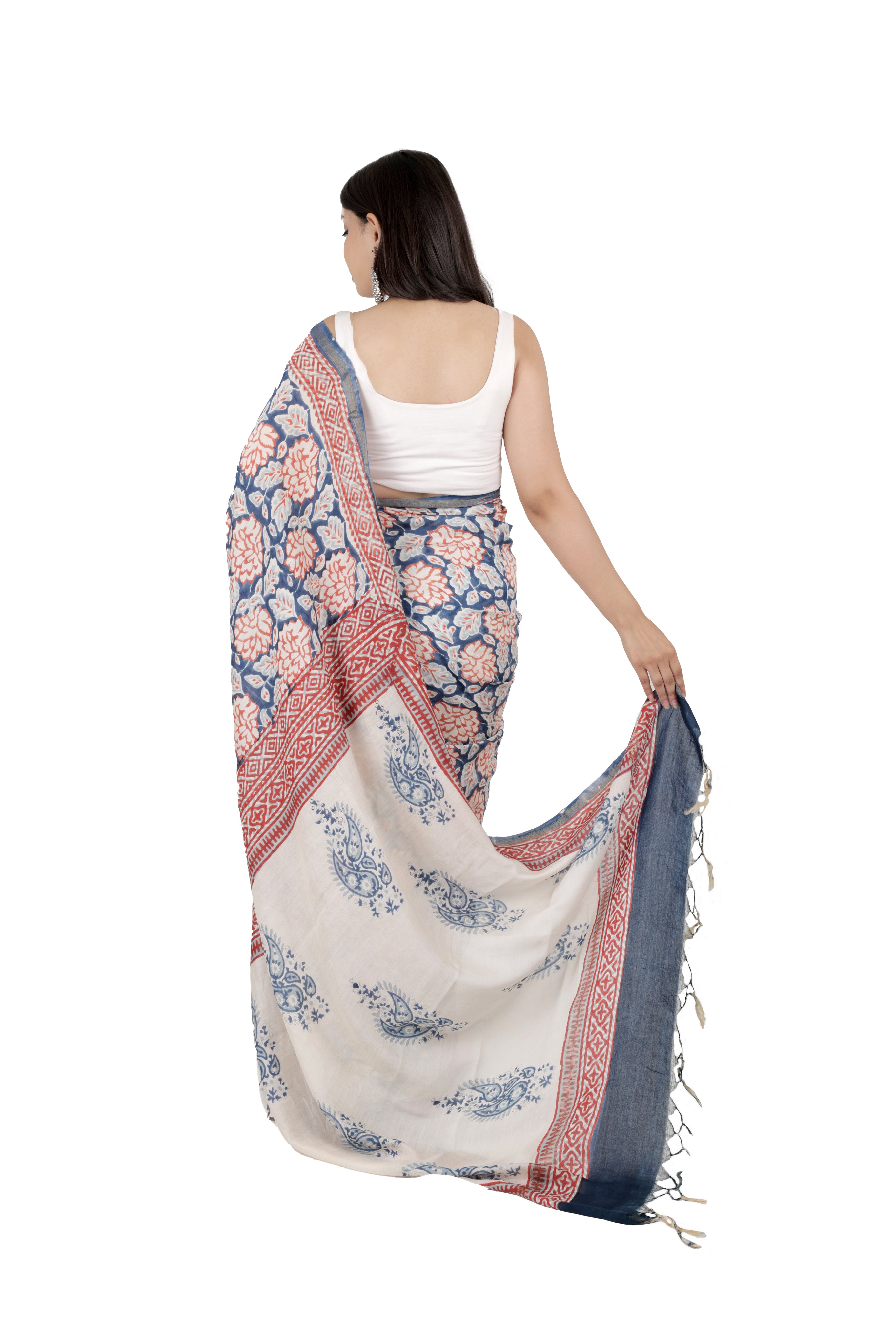 Blue-White Muslin Saree with Floral Print & Zari Border