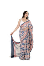 Blue-White Muslin Saree with Floral Print & Zari Border