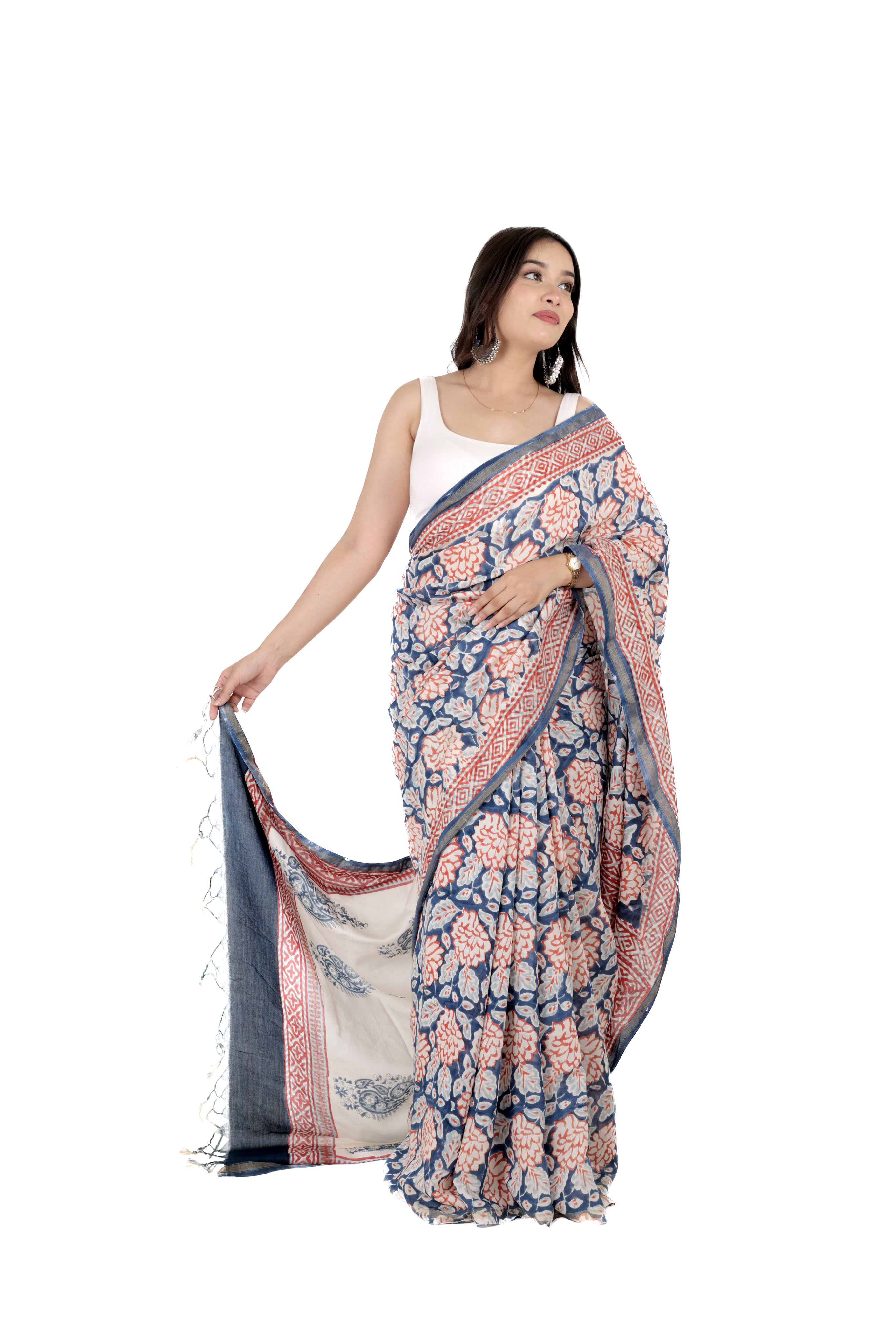 Blue-White Muslin Saree with Floral Print & Zari Border
