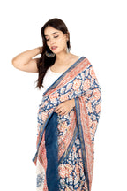 Blue-White Muslin Saree with Floral Print & Zari Border
