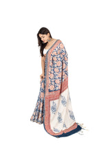 Blue-White Muslin Saree with Floral Print & Zari Border