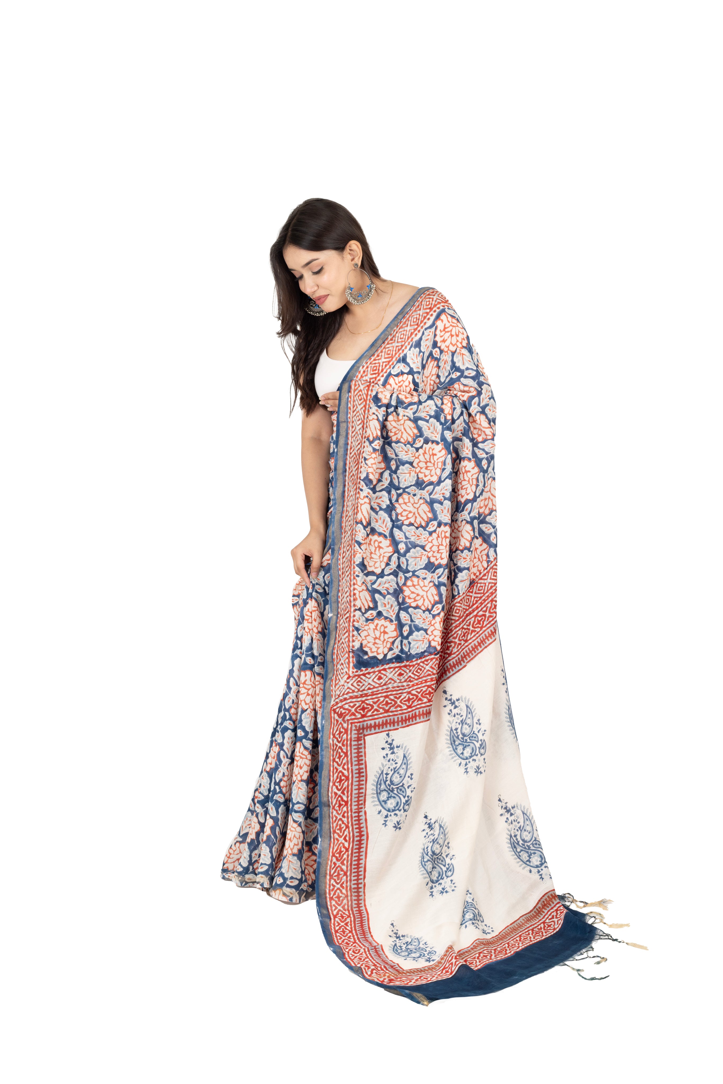 Blue-White Muslin Saree with Floral Print & Zari Border