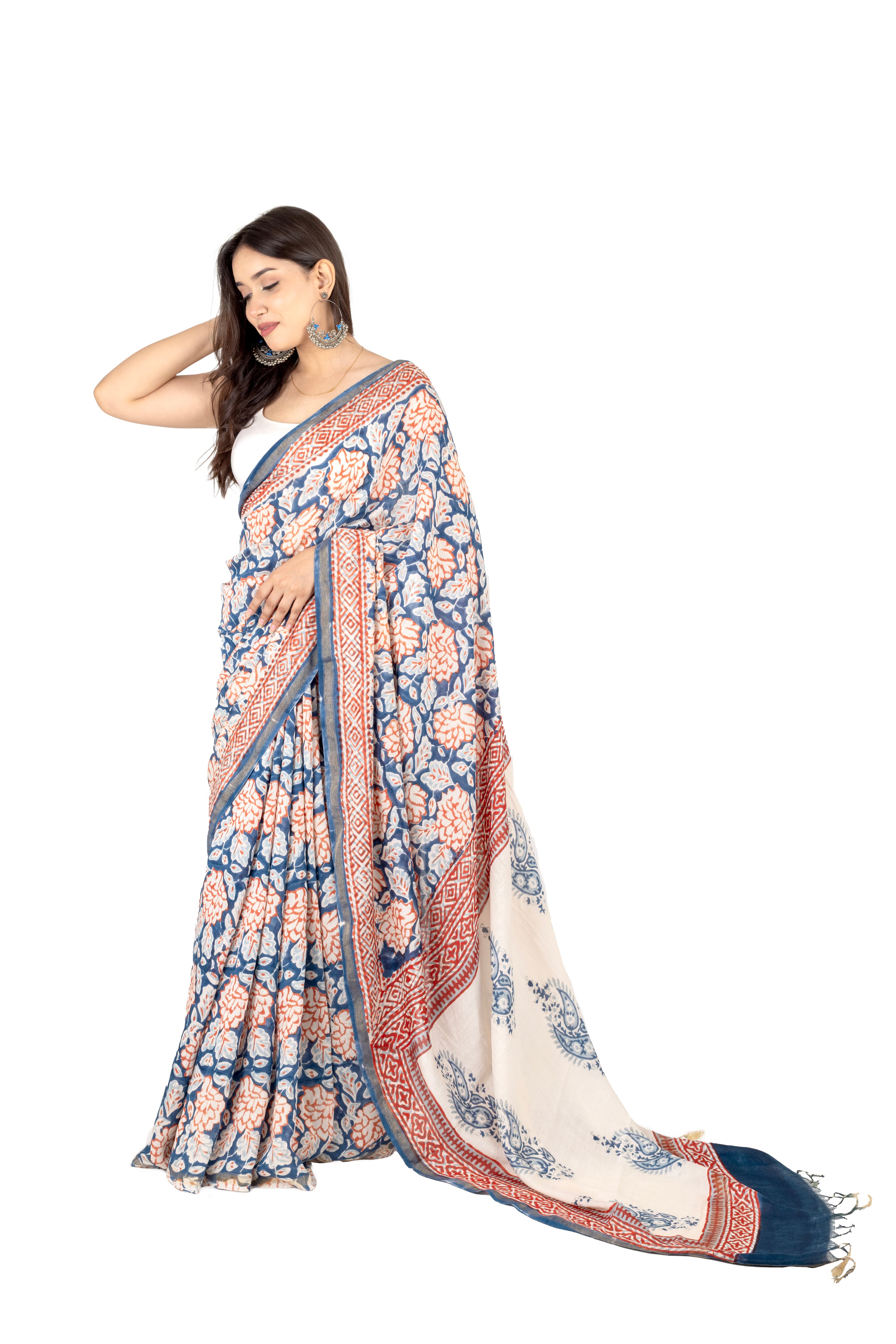 Blue-White Muslin Saree with Floral Print & Zari Border