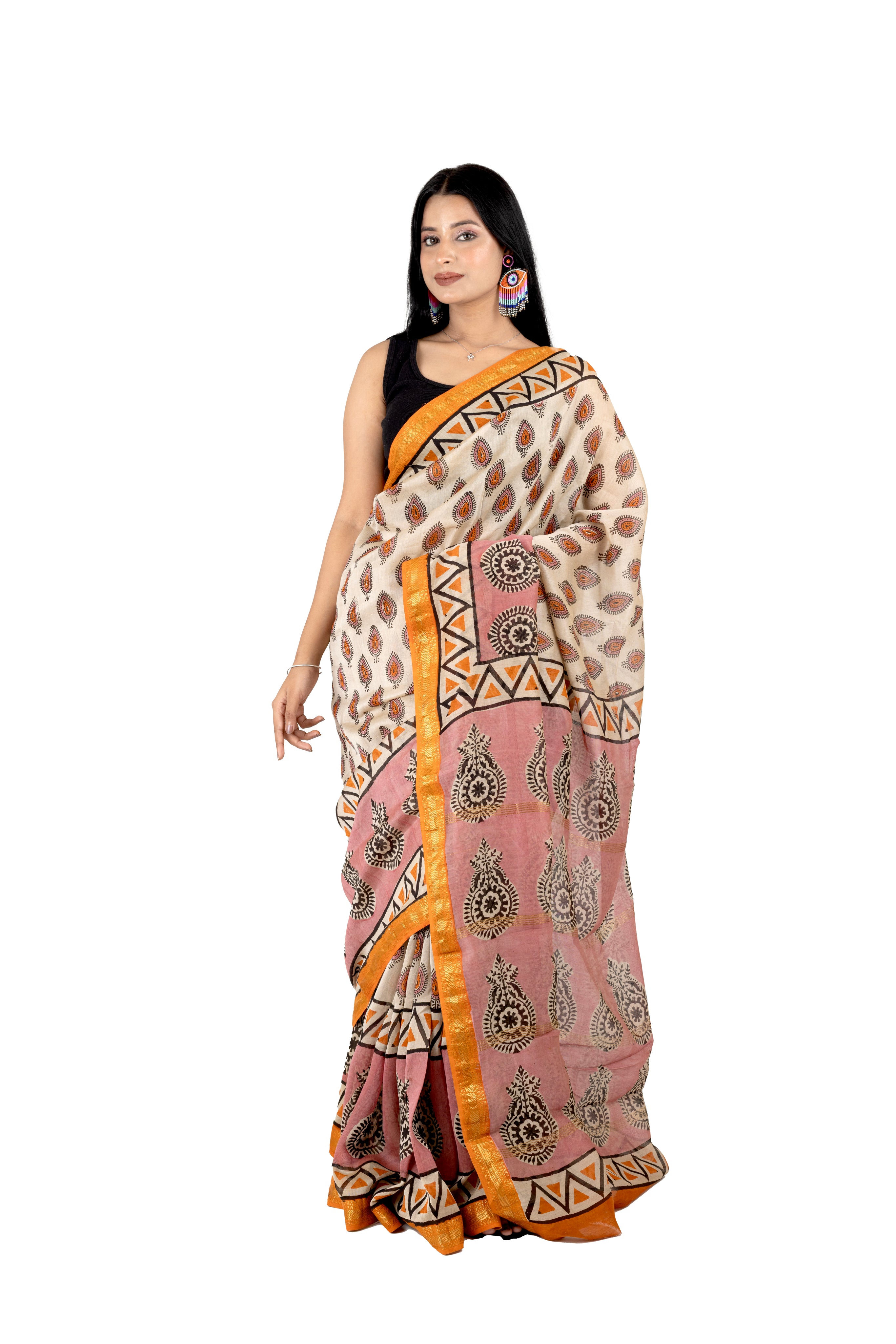 Cream Chanderi Silk Saree with Handblock Print