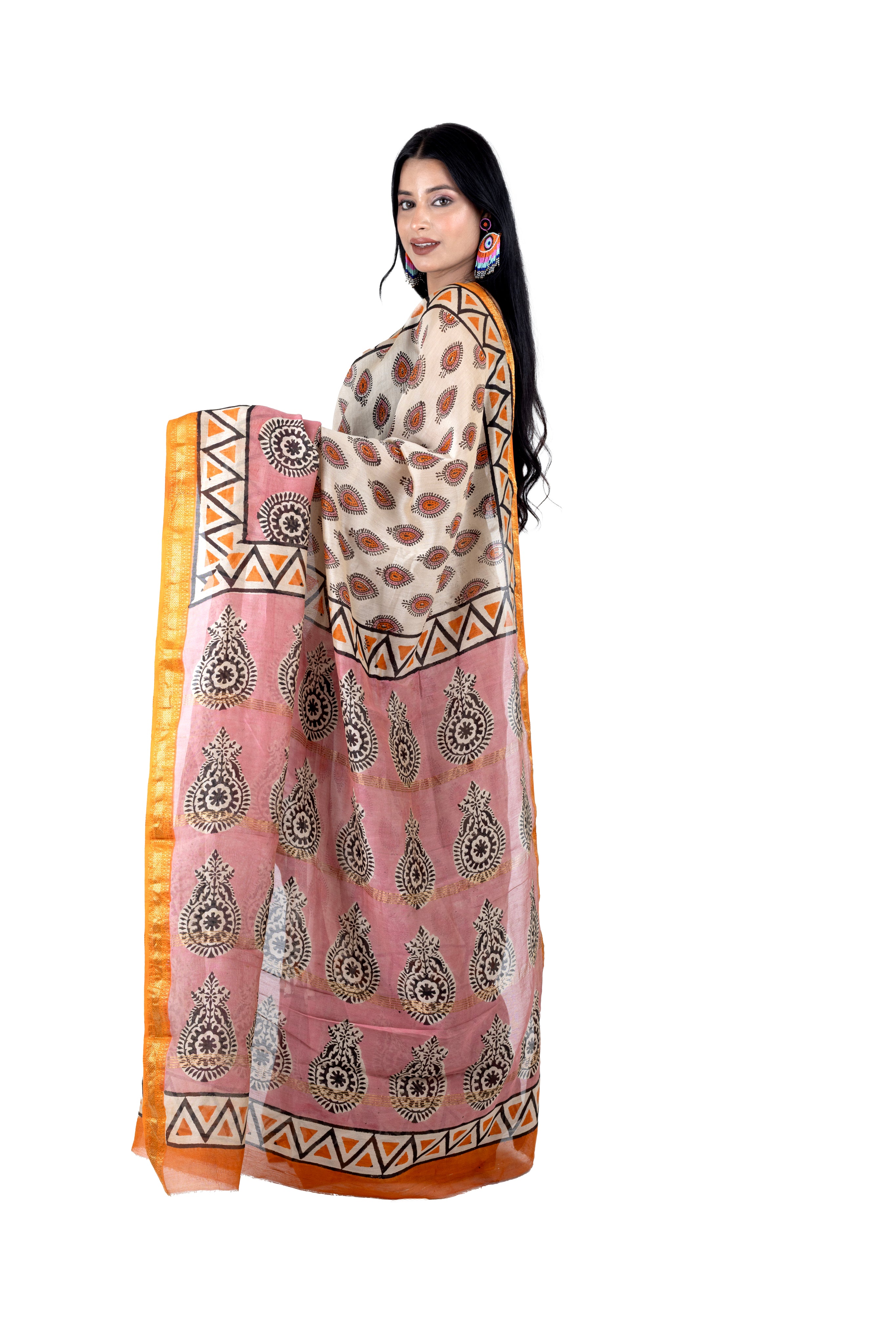 Cream Chanderi Silk Saree with Handblock Print