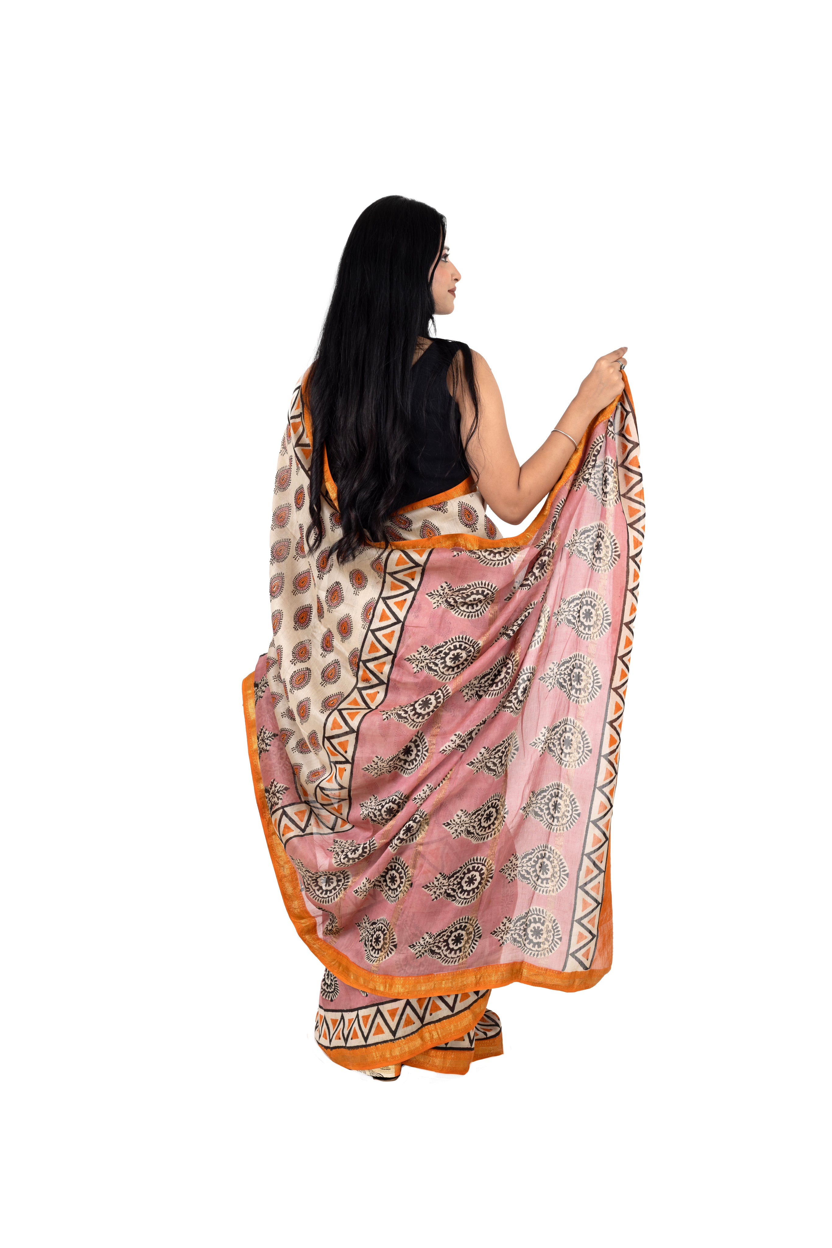 Cream Chanderi Silk Saree with Handblock Print