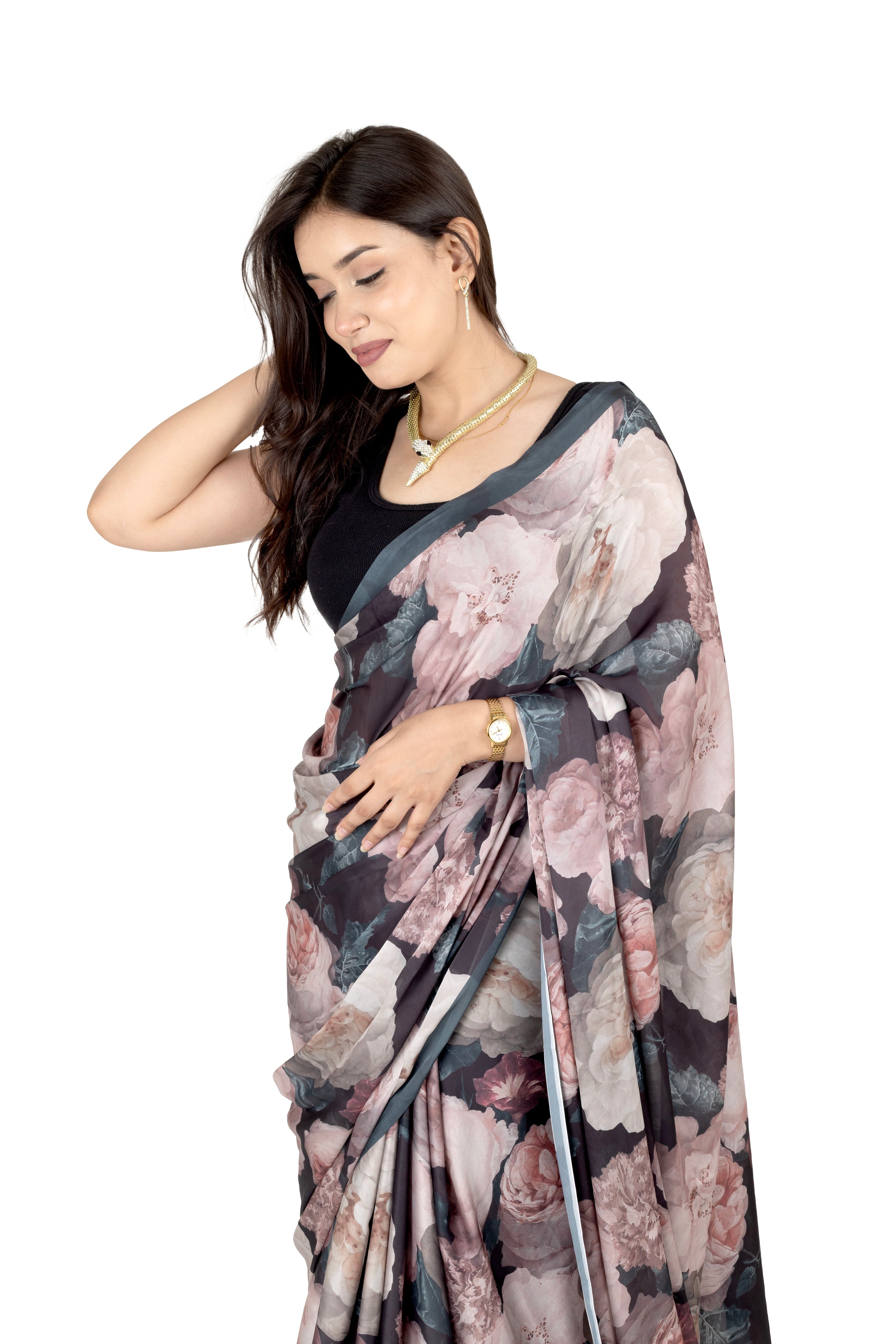 Dark Green Satin Saree with Floral Print