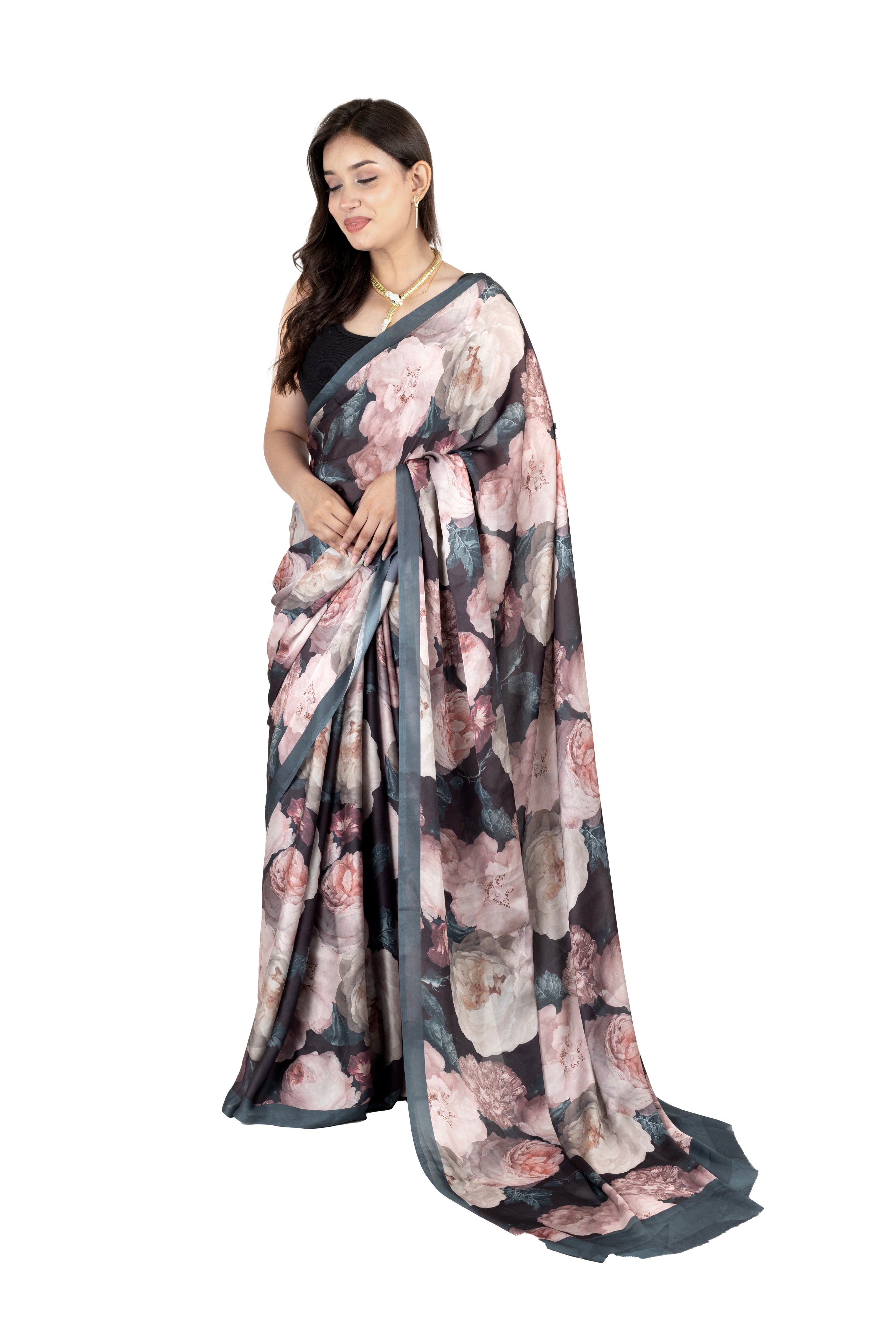Dark Green Satin Saree with Floral Print