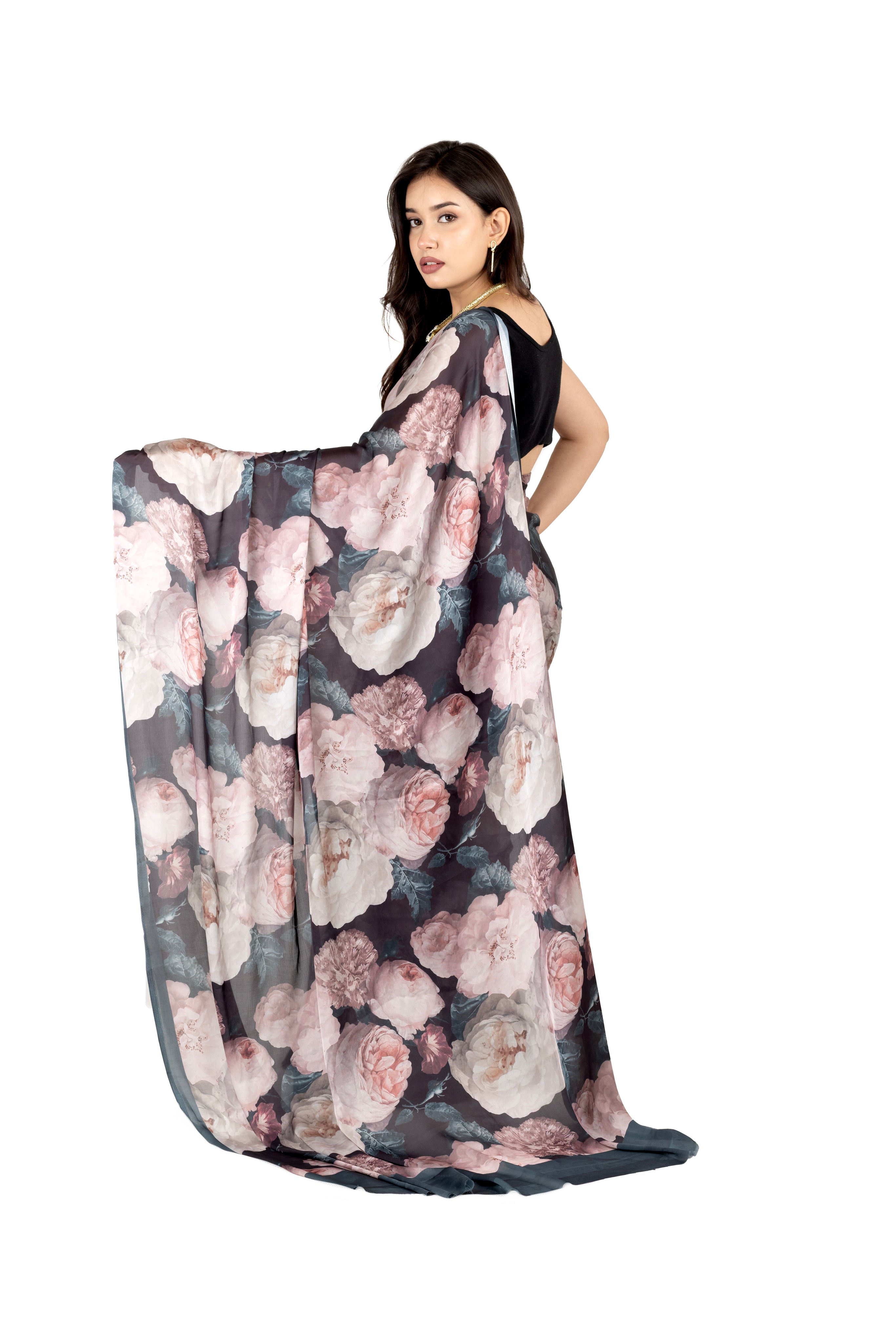 Dark Green Satin Saree with Floral Print
