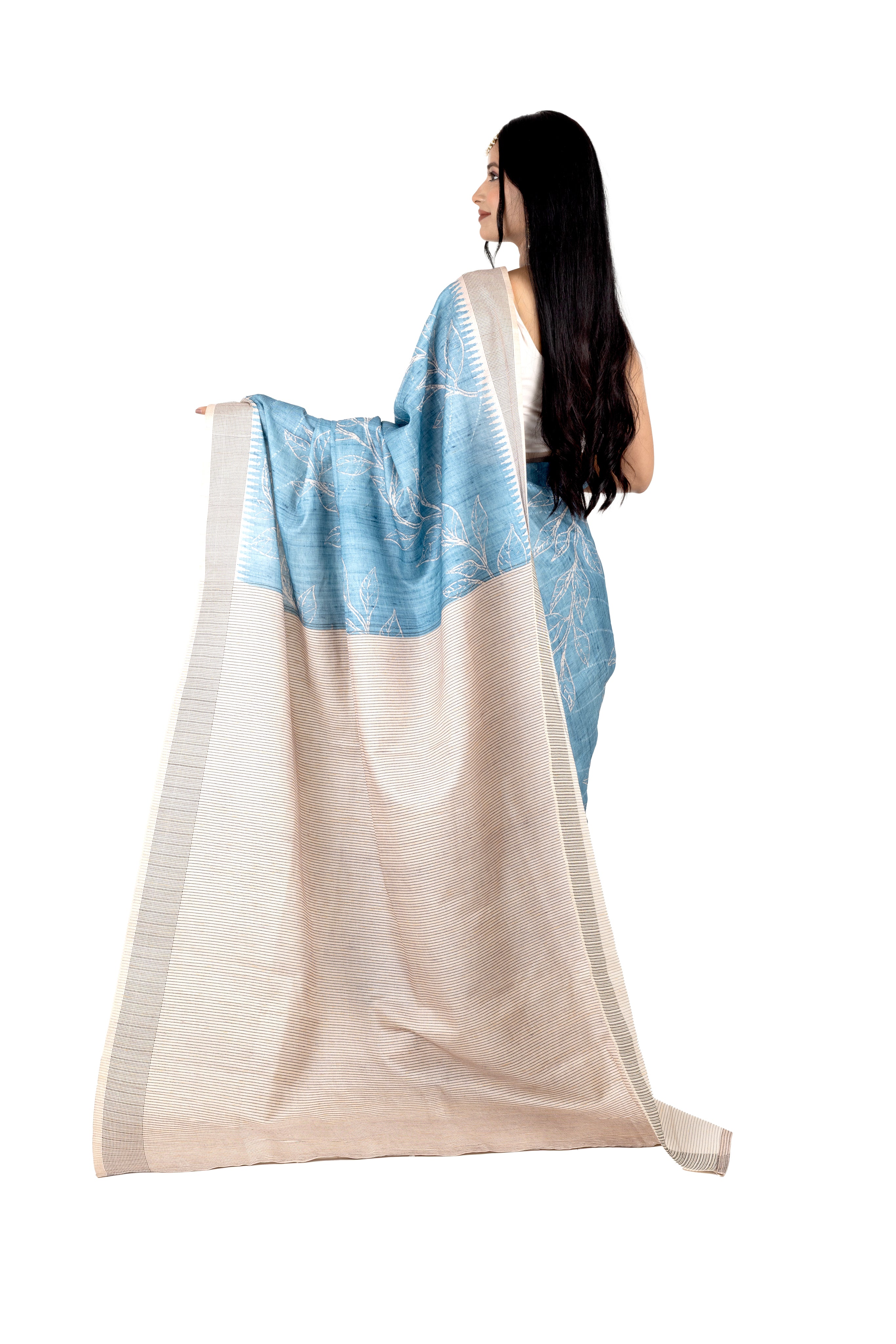 Blue Cotton-Silk Saree with Sequin Work & Matching Blouse