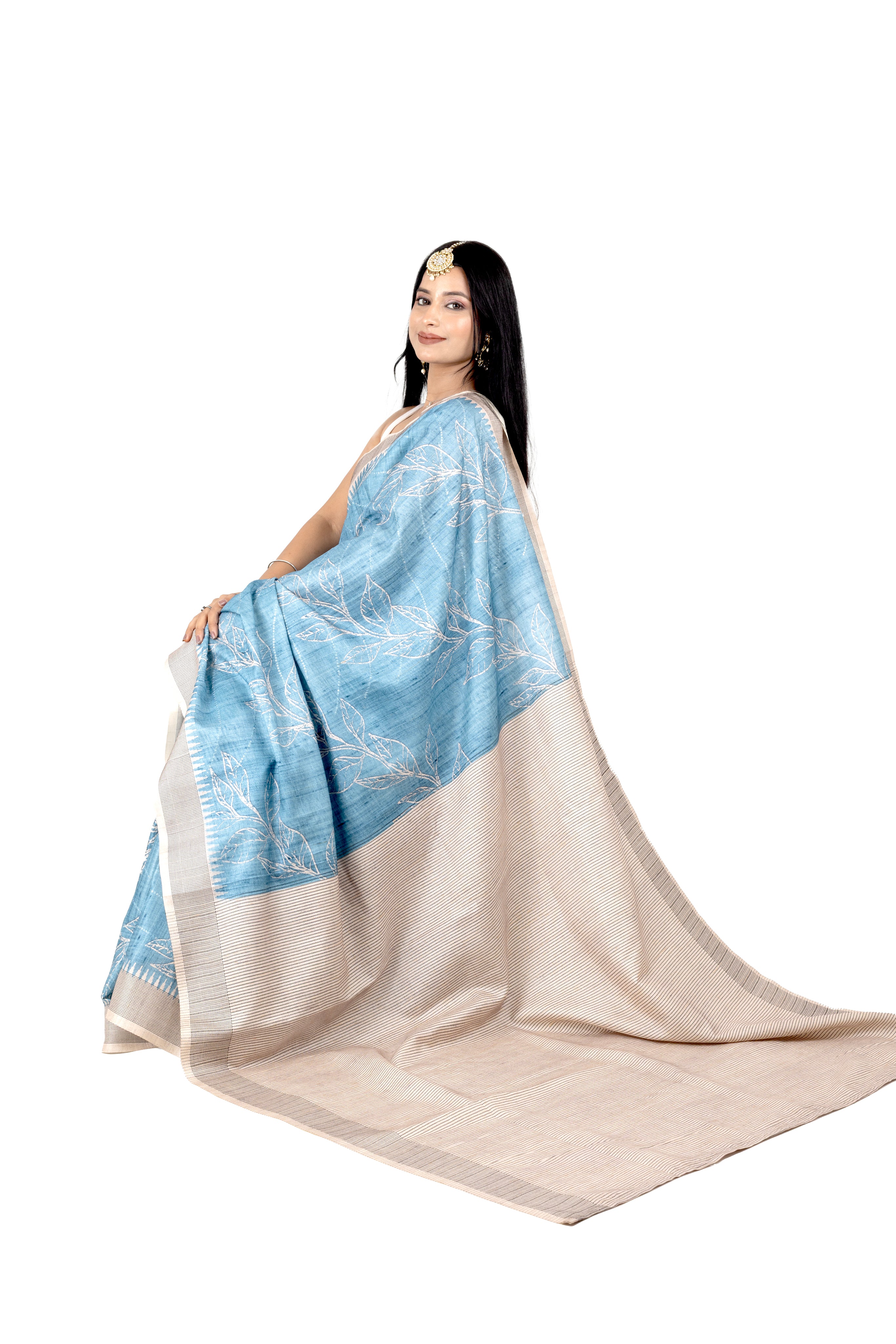 Blue Cotton-Silk Saree with Sequin Work & Matching Blouse