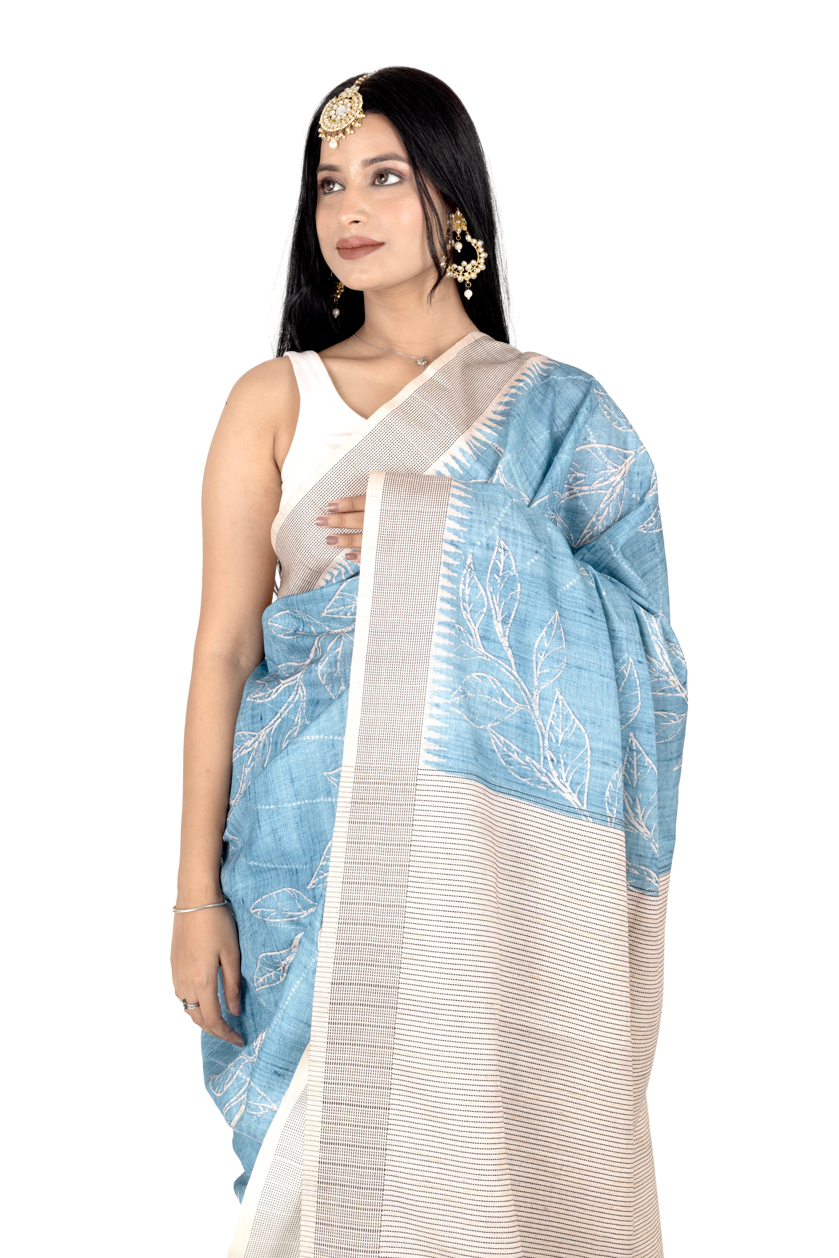 Blue Cotton-Silk Saree with Sequin Work & Matching Blouse