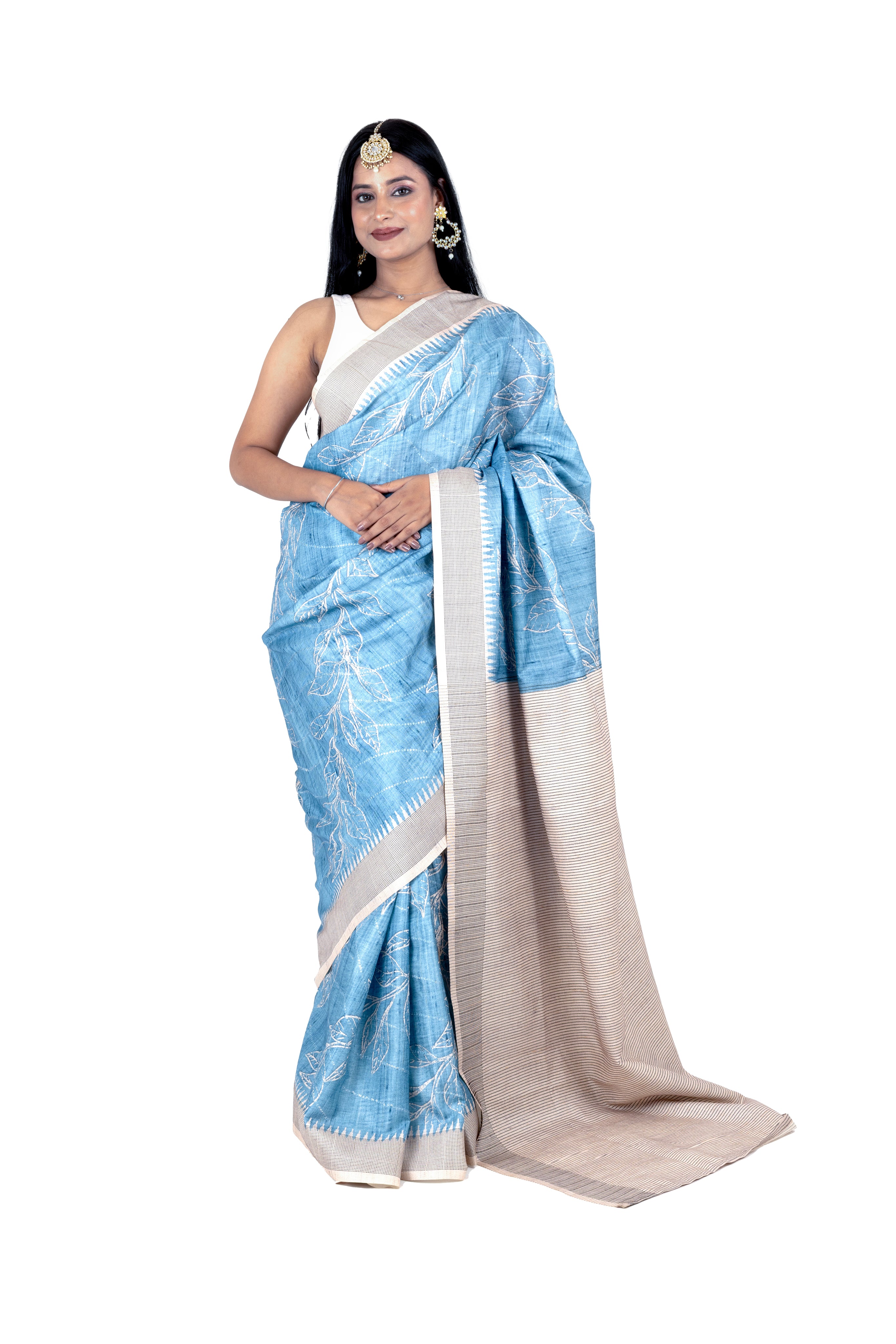 Blue Cotton-Silk Saree with Sequin Work & Matching Blouse
