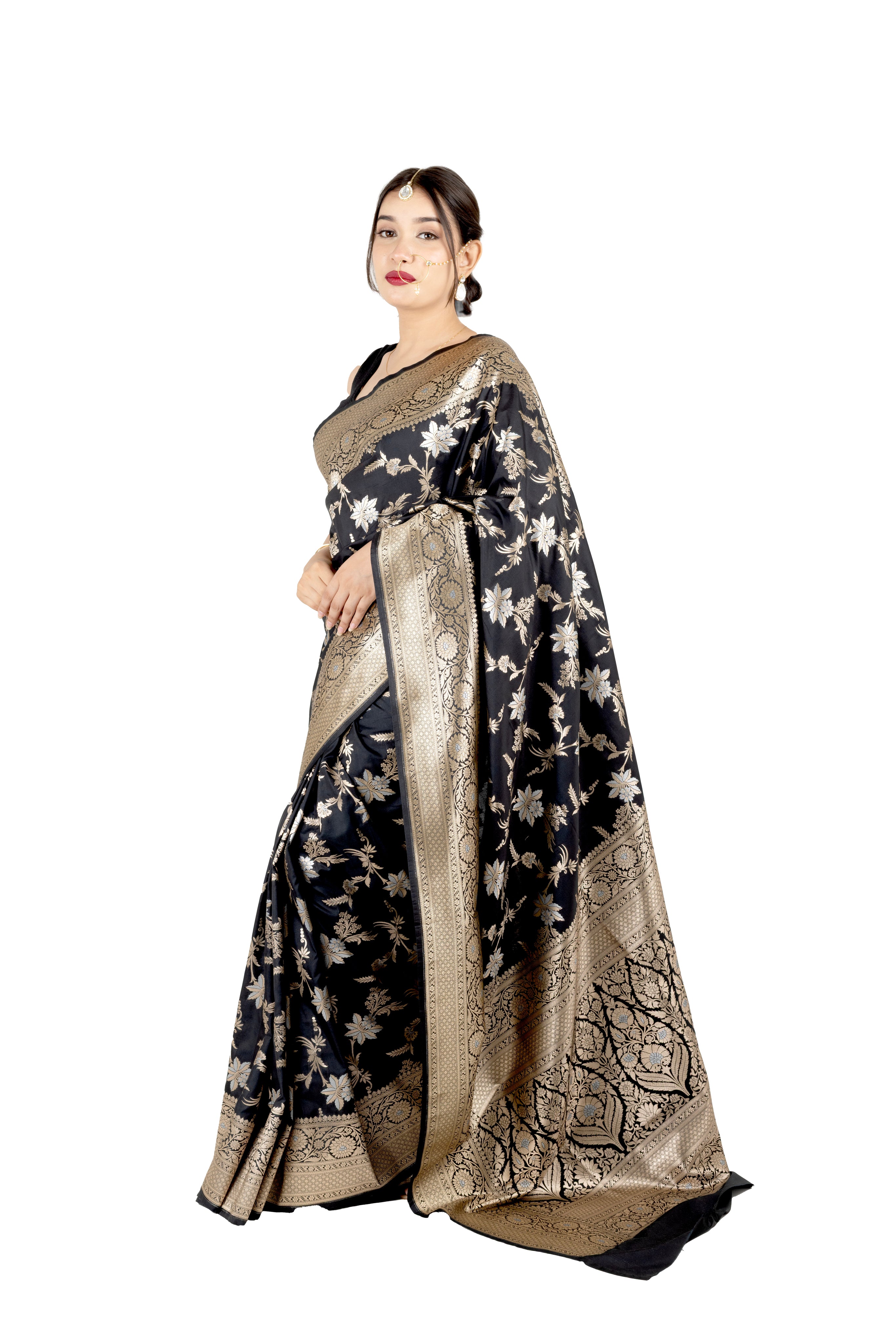 Black Banarasi Silk Saree with Golden Zari Border