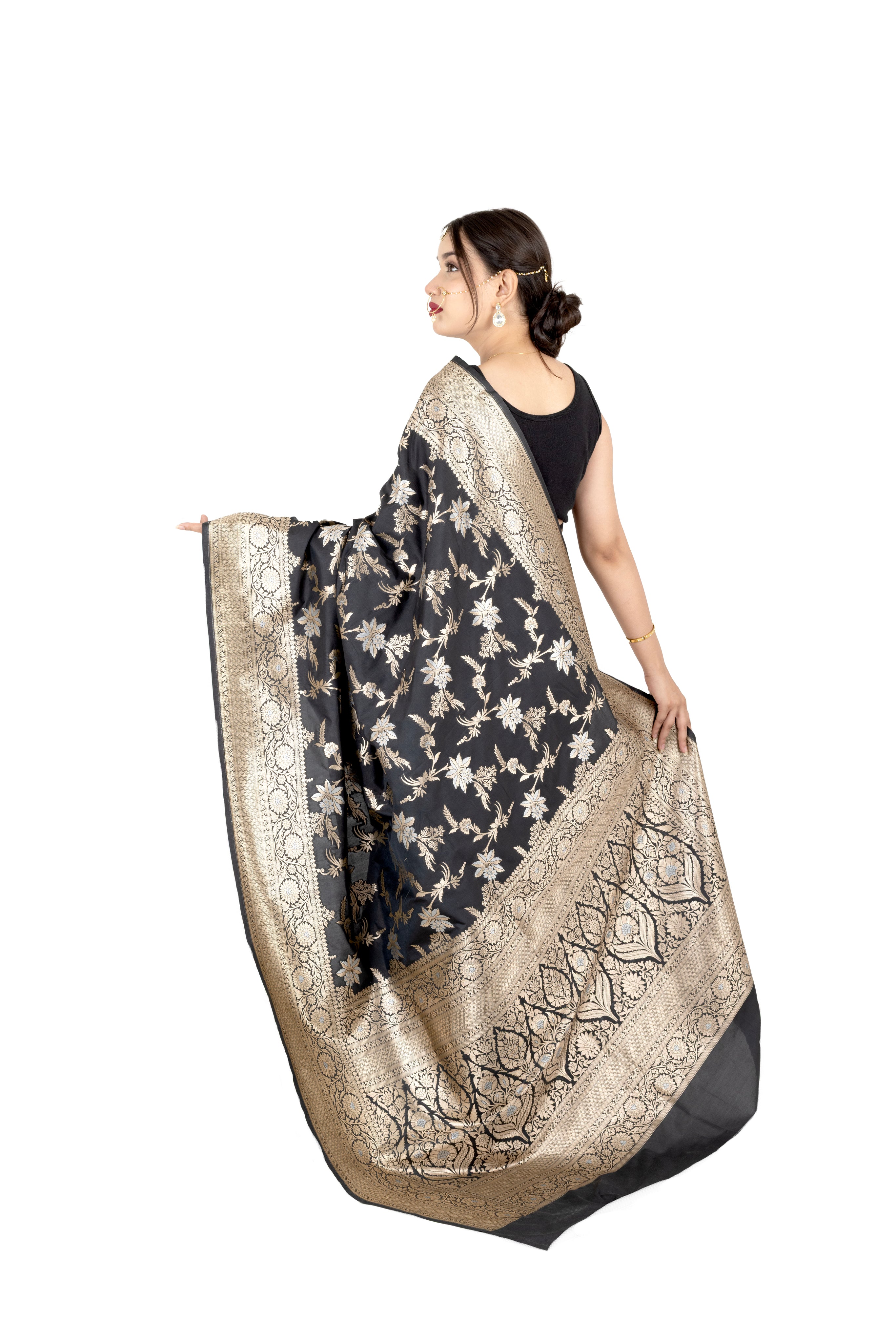 Black Banarasi Silk Saree with Golden Zari Border