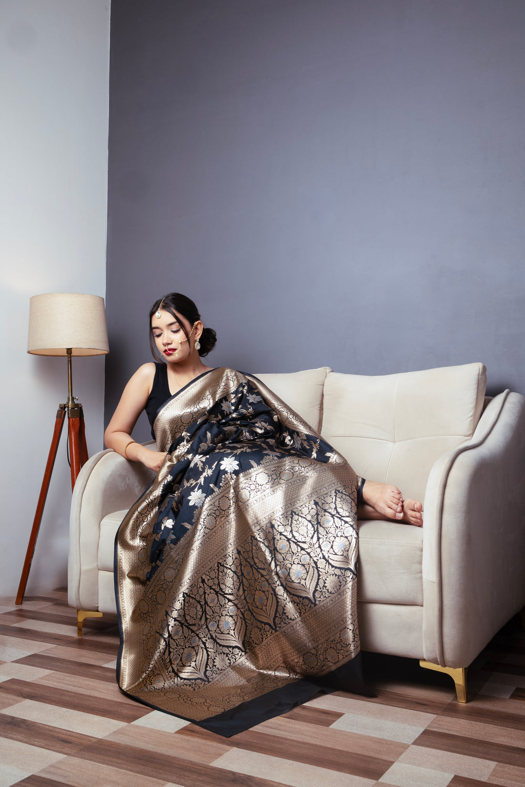 Black Banarasi Silk Saree with Golden Zari Border