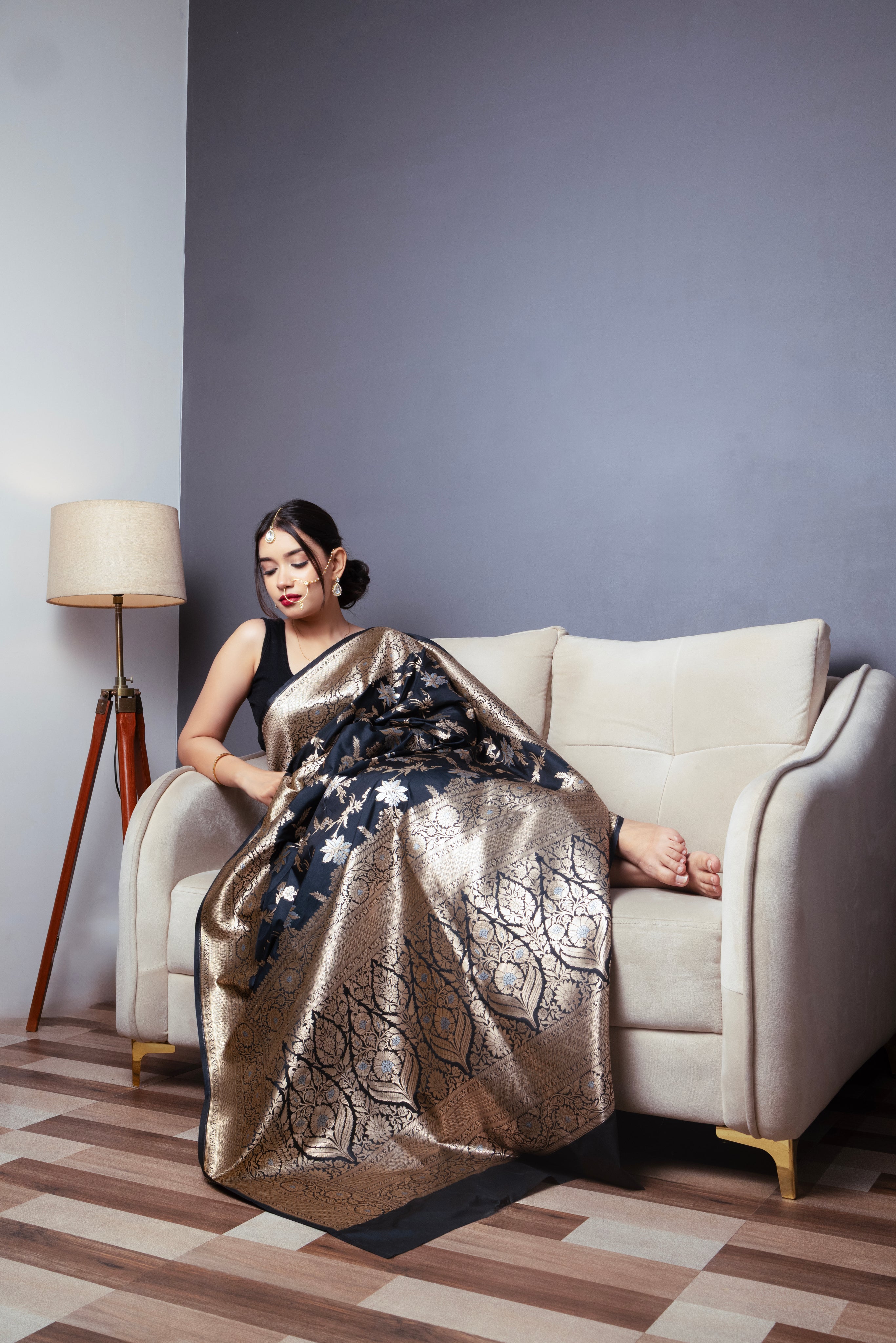 Black Banarasi Silk Saree with Golden Zari Border