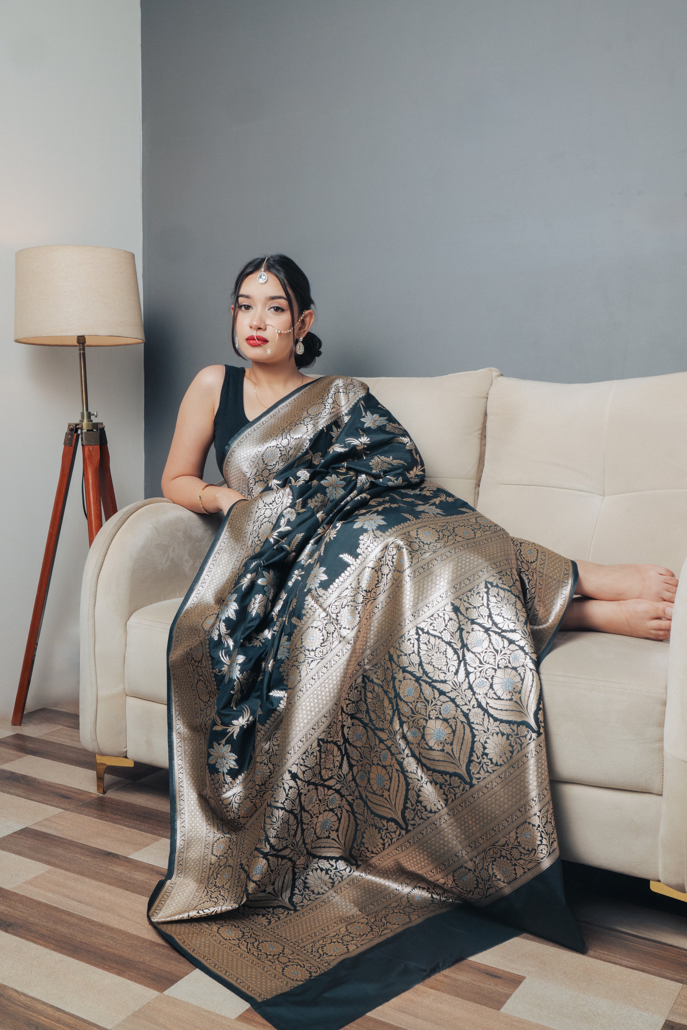Black Banarasi Silk Saree with Golden Zari Border