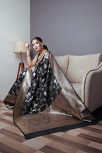 Black Banarasi Silk Saree with Golden Zari Border