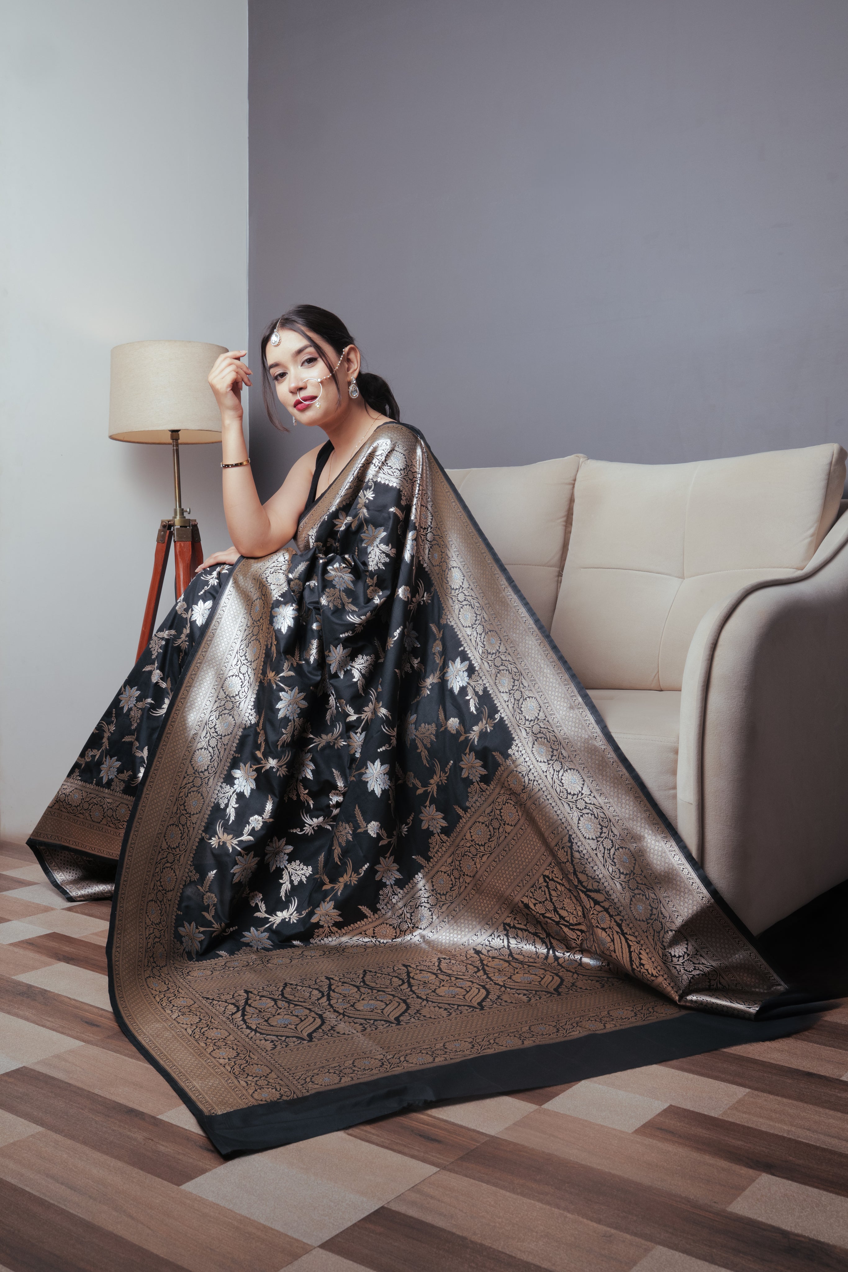 Black Banarasi Silk Saree with Golden Zari Border