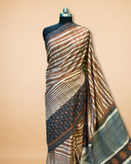 Brown Stripe Cotton-Silk Saree with Katha & Mirror Work