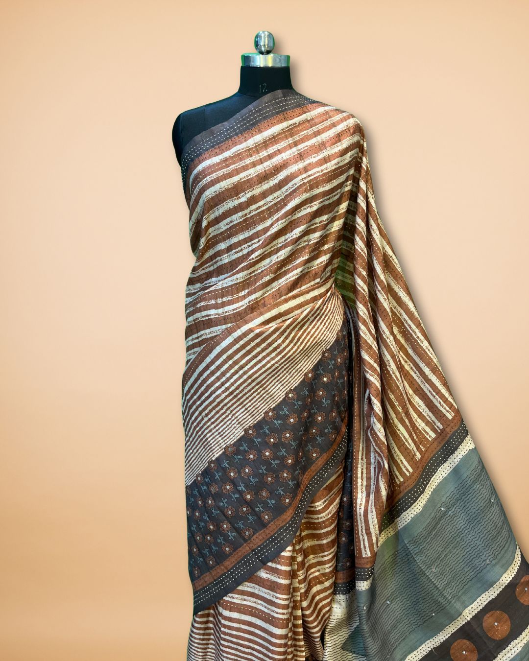 Brown Stripe Cotton-Silk Saree with Katha & Mirror Work