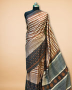 Brown Stripe Cotton-Silk Saree with Katha & Mirror Work
