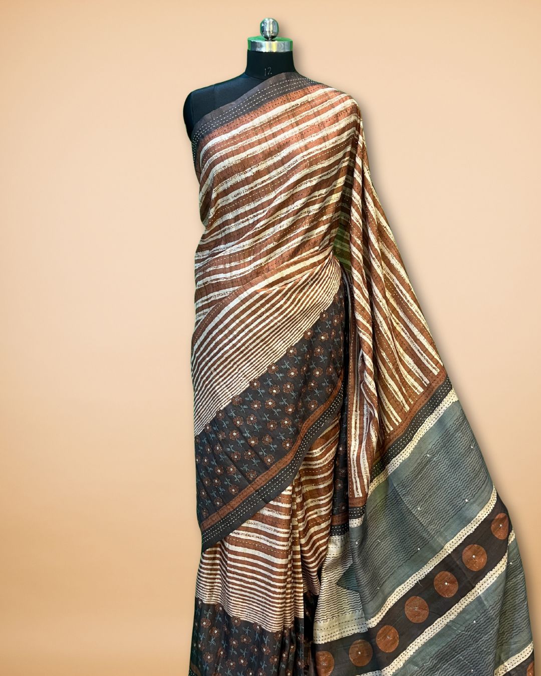 Brown Stripe Cotton-Silk Saree with Katha & Mirror Work