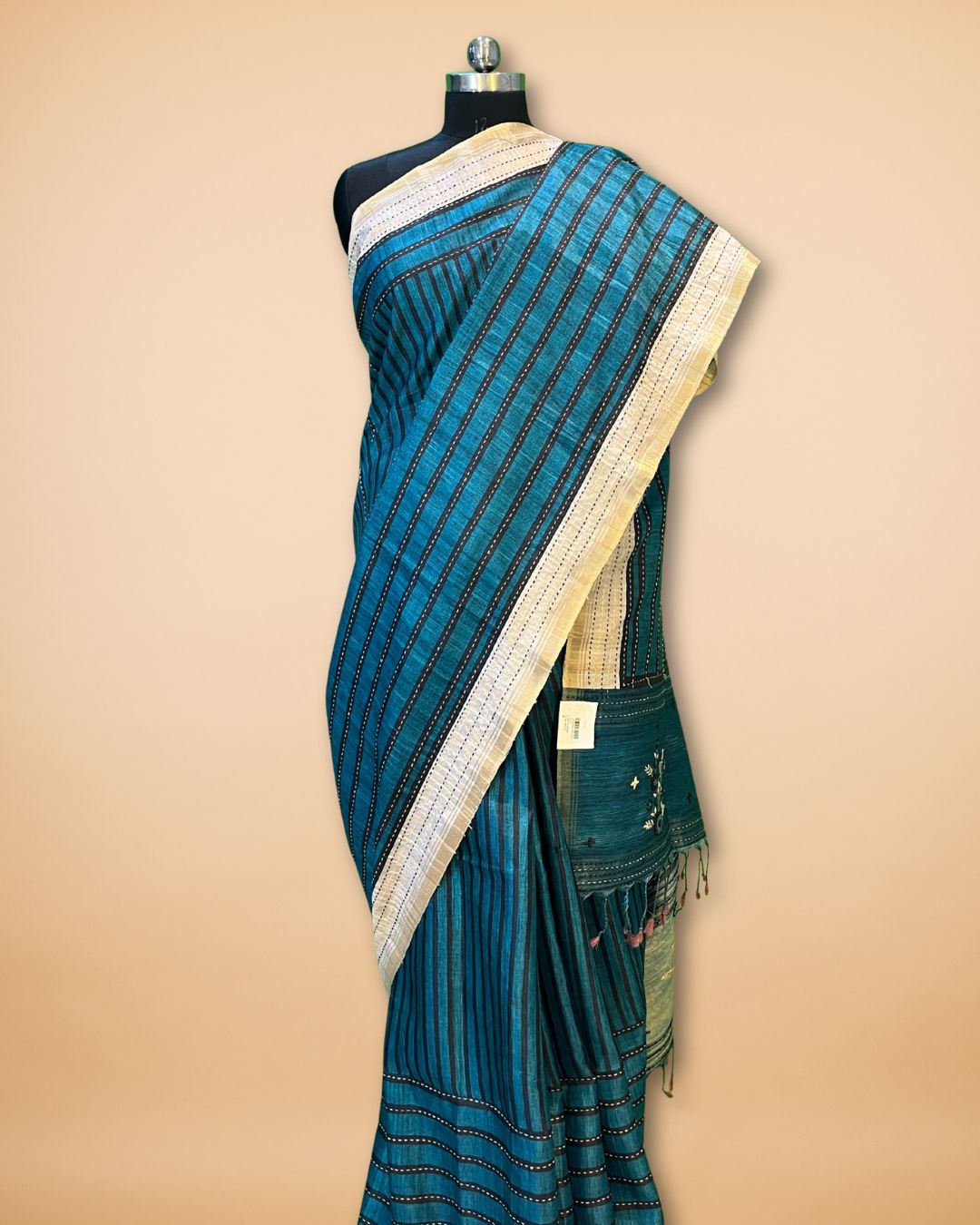 Teal Raw Silk Saree with Katha & Knot Work