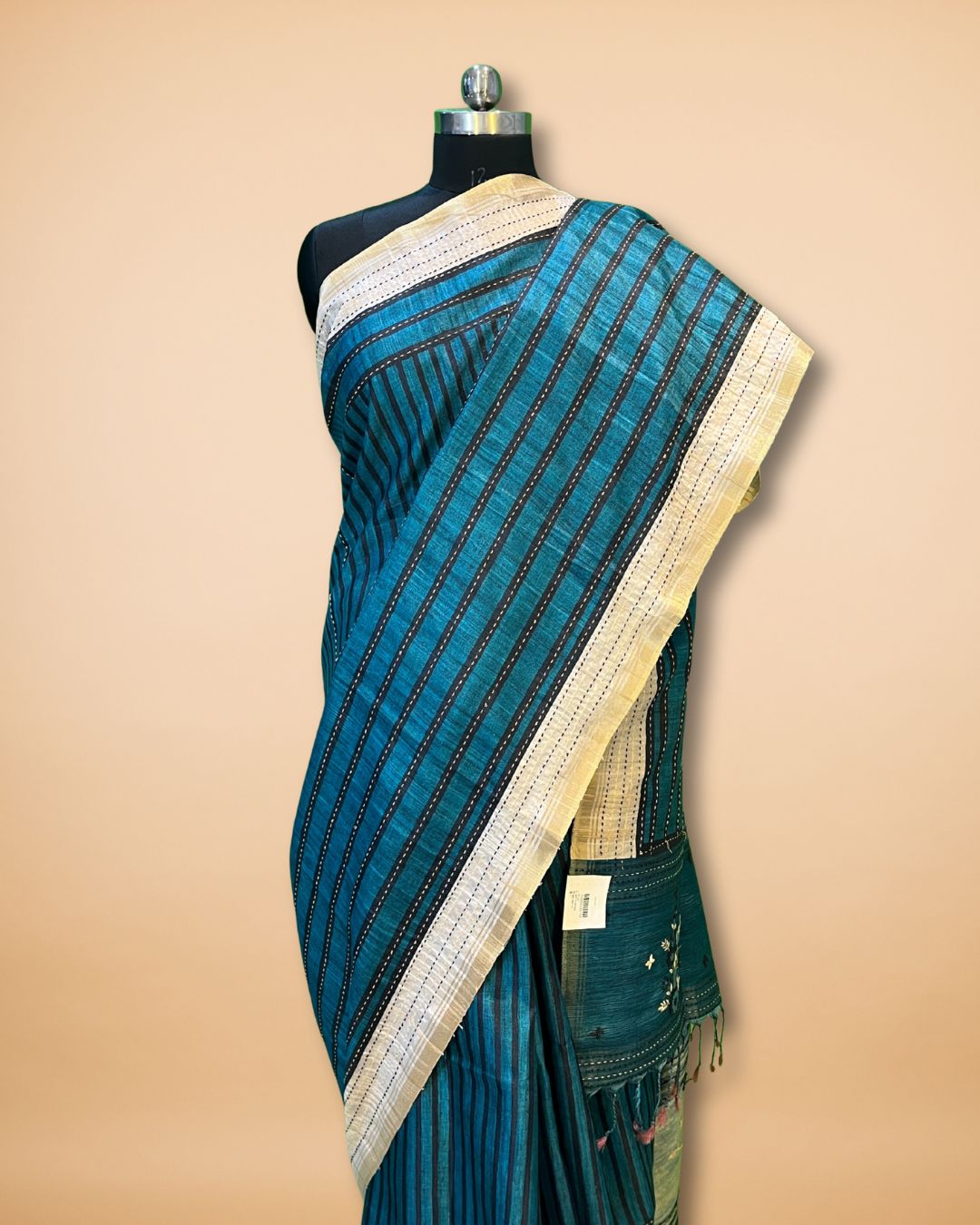 Teal Raw Silk Saree with Katha & Knot Work