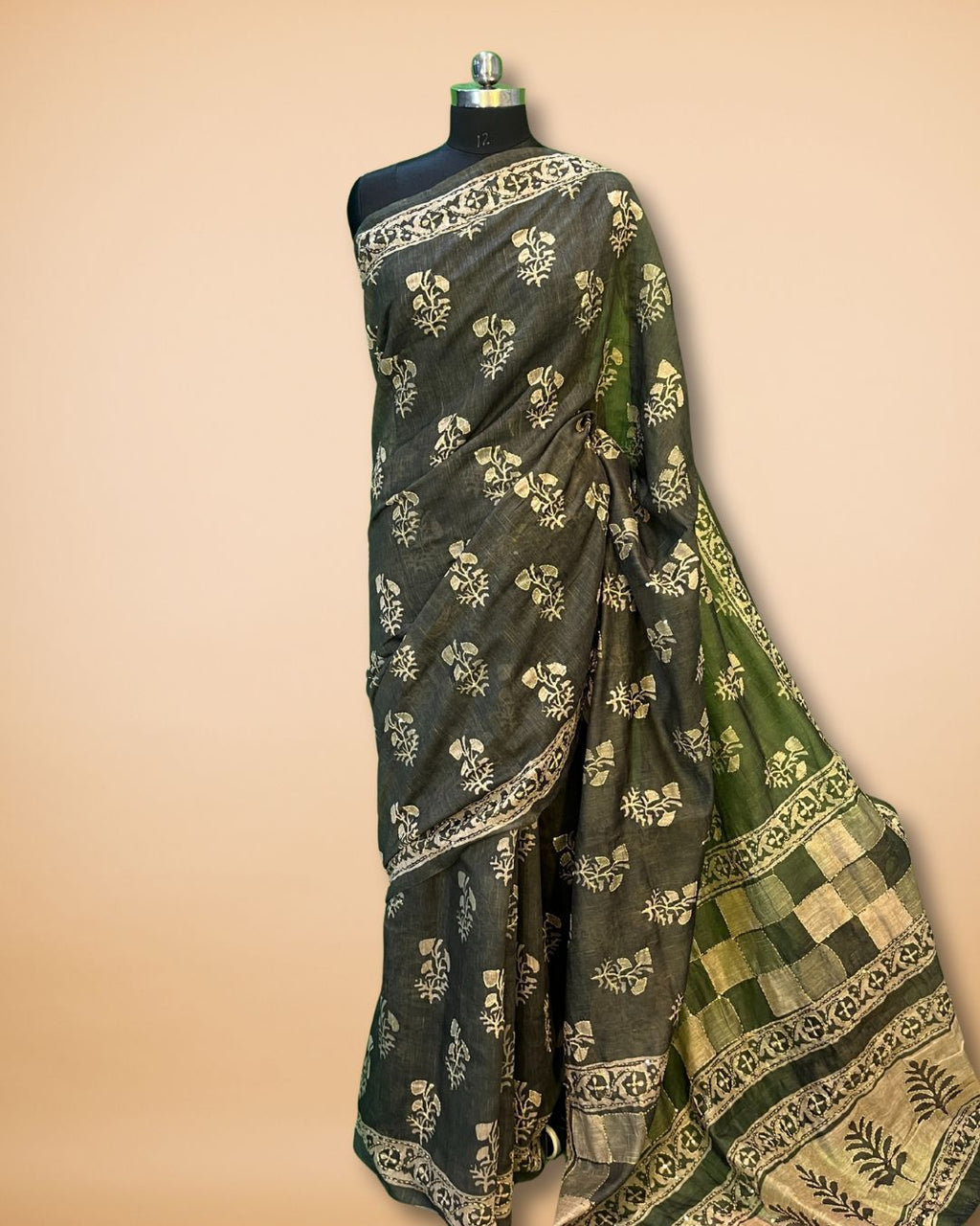 Bottle Green Cotton Saree with Floral Katha Work