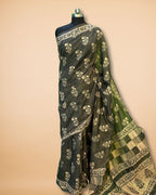 Bottle Green Cotton Saree with Floral Katha Work