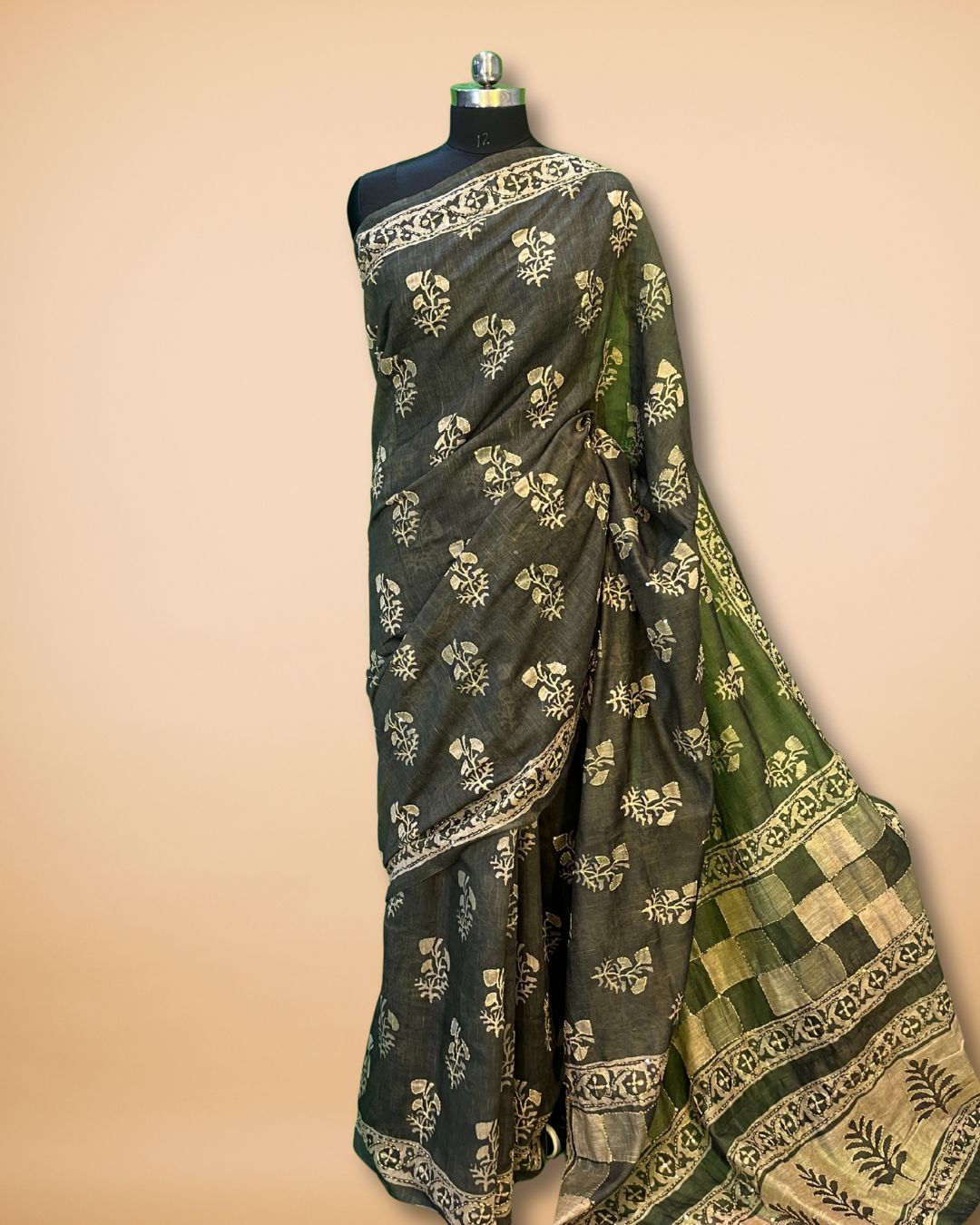 Bottle Green Cotton Saree with Floral Katha Work