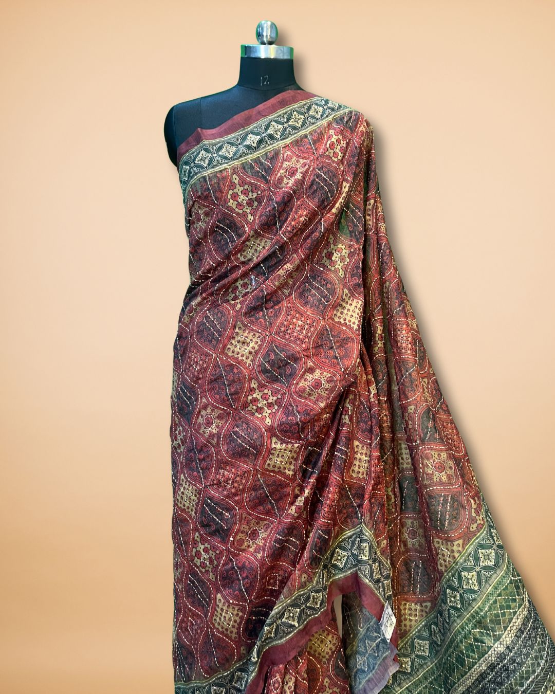 Brick Red Katha Work Cotton Saree