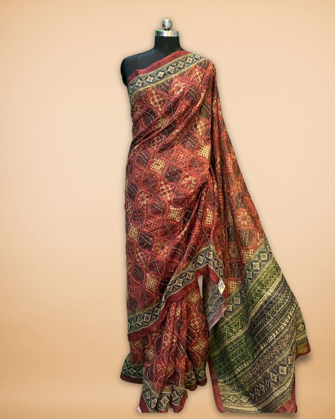 Brick Red Katha Work Cotton Saree