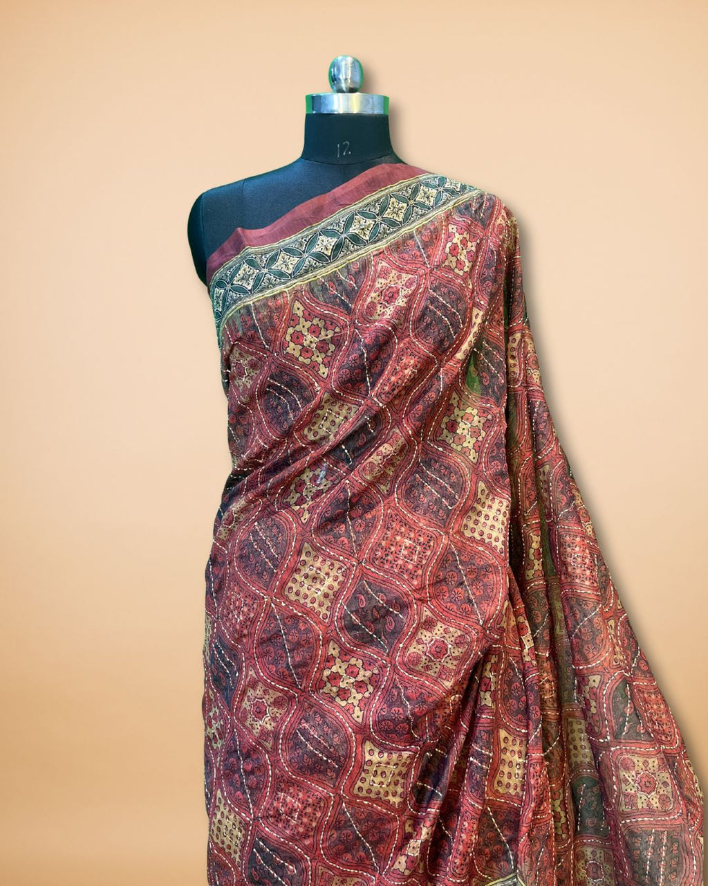 Brick Red Katha Work Cotton Saree