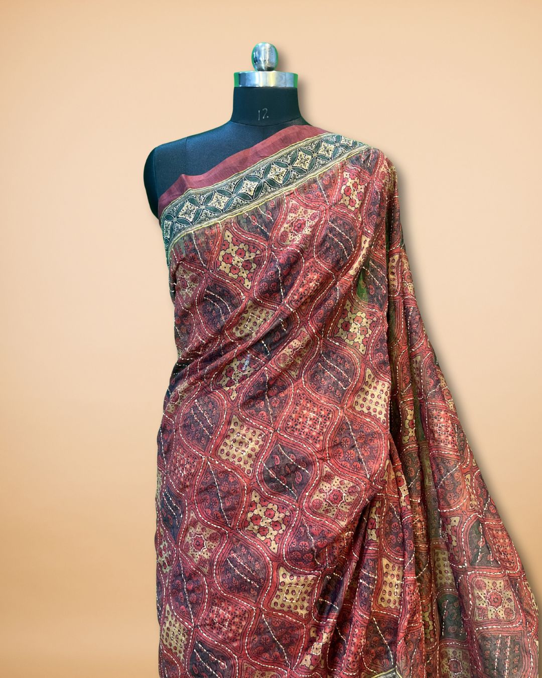 Brick Red Katha Work Cotton Saree