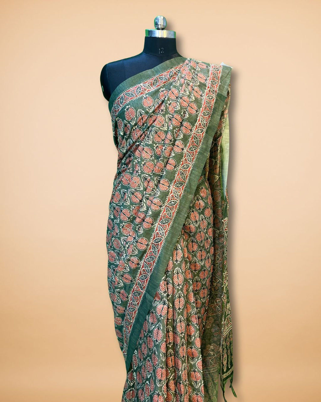 Green Cotton-Silk Saree with Vegetable Print & Katha Work