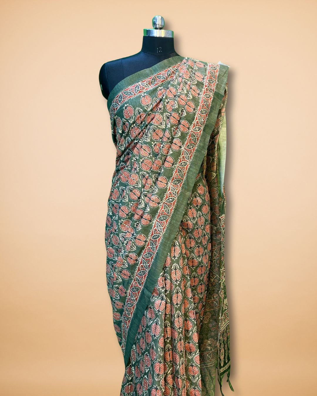 Green Cotton-Silk Saree with Vegetable Print & Katha Work
