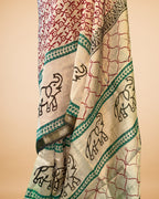 Beige Chanderi-Cotton Saree with Handblock Print
