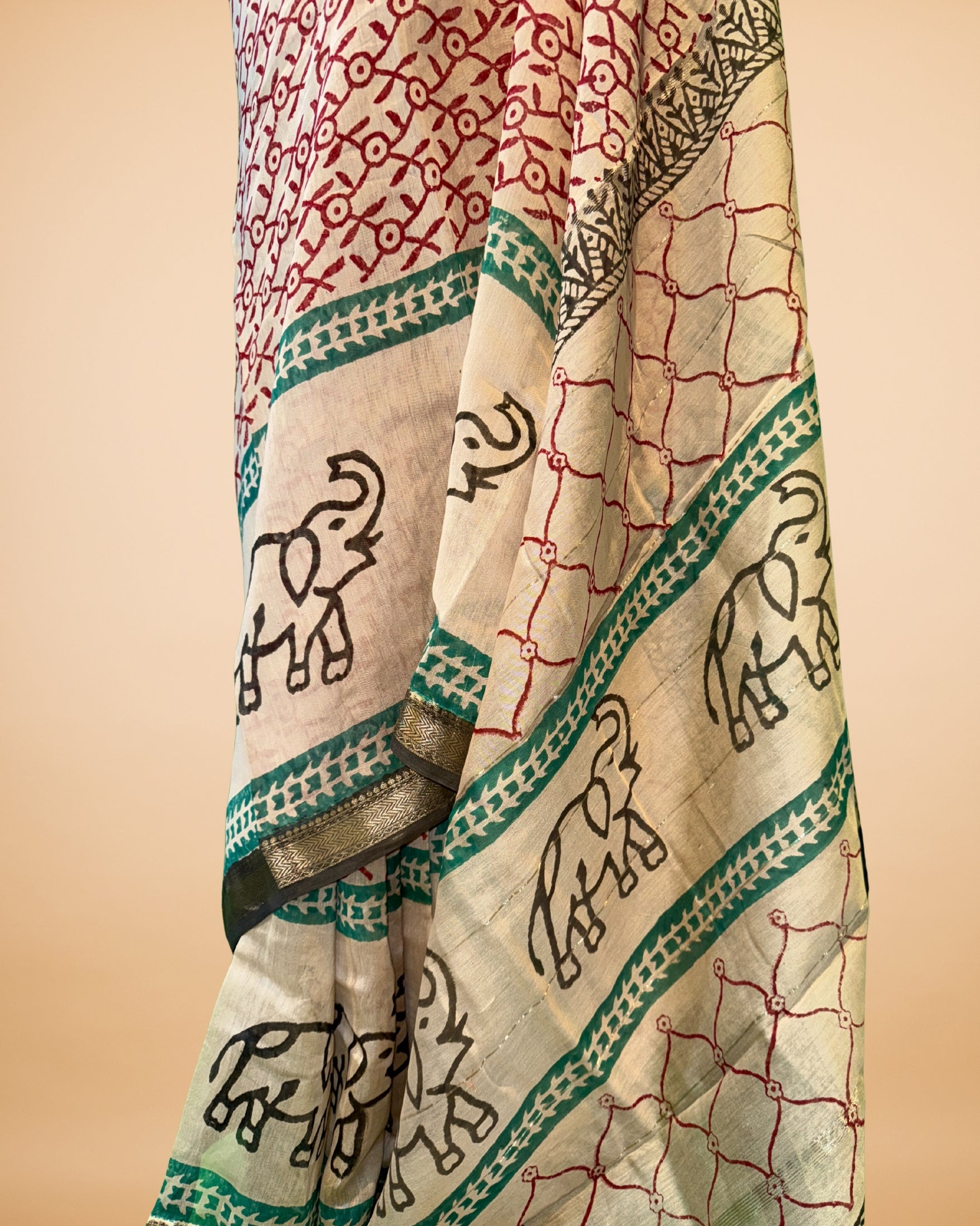 Beige Chanderi-Cotton Saree with Handblock Print