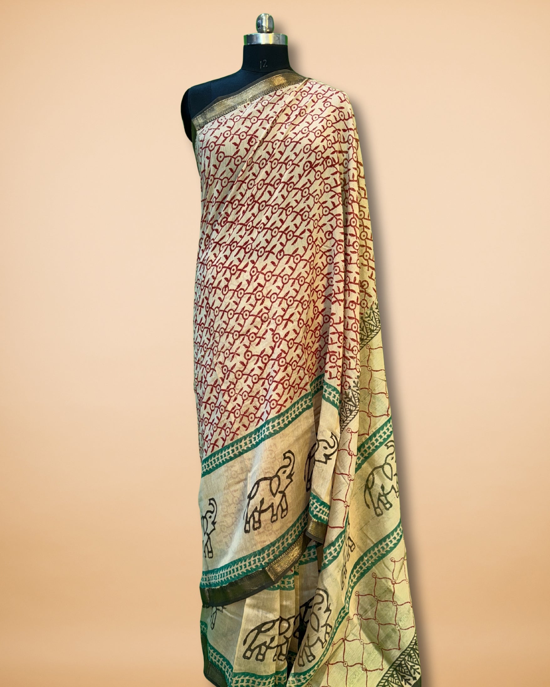 Beige Chanderi-Cotton Saree with Handblock Print