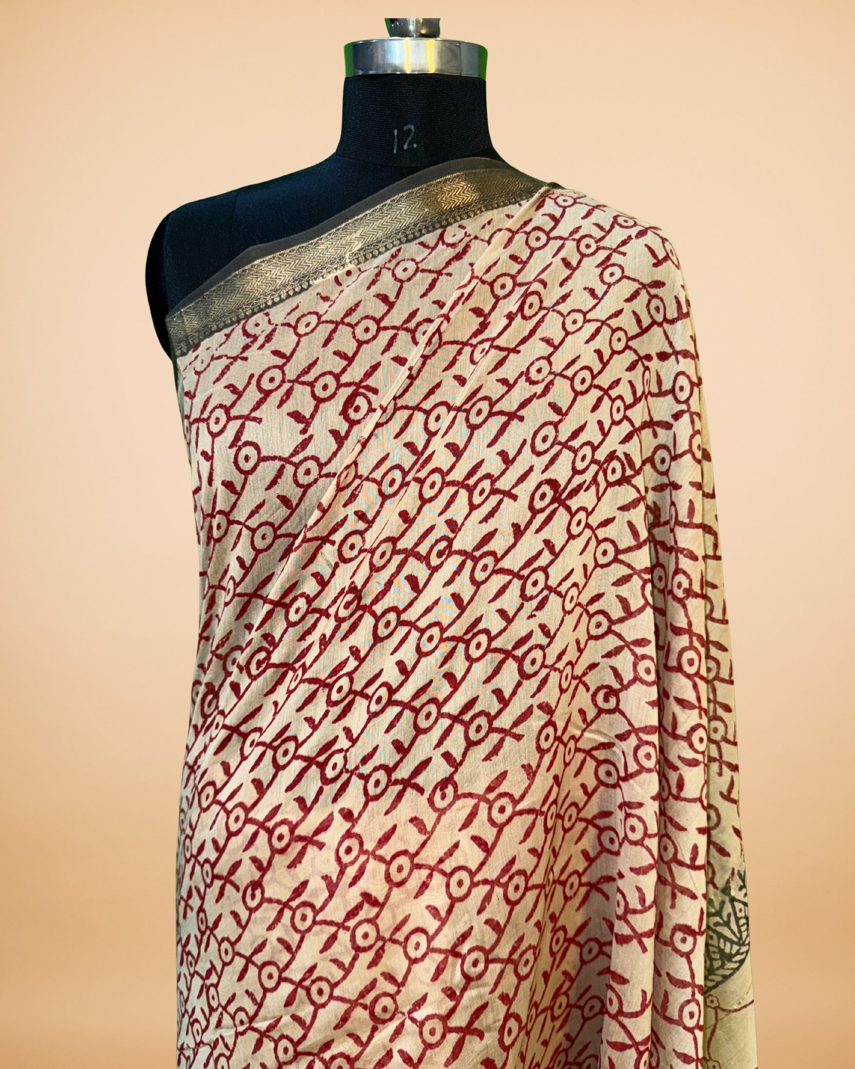 Beige Chanderi-Cotton Saree with Handblock Print
